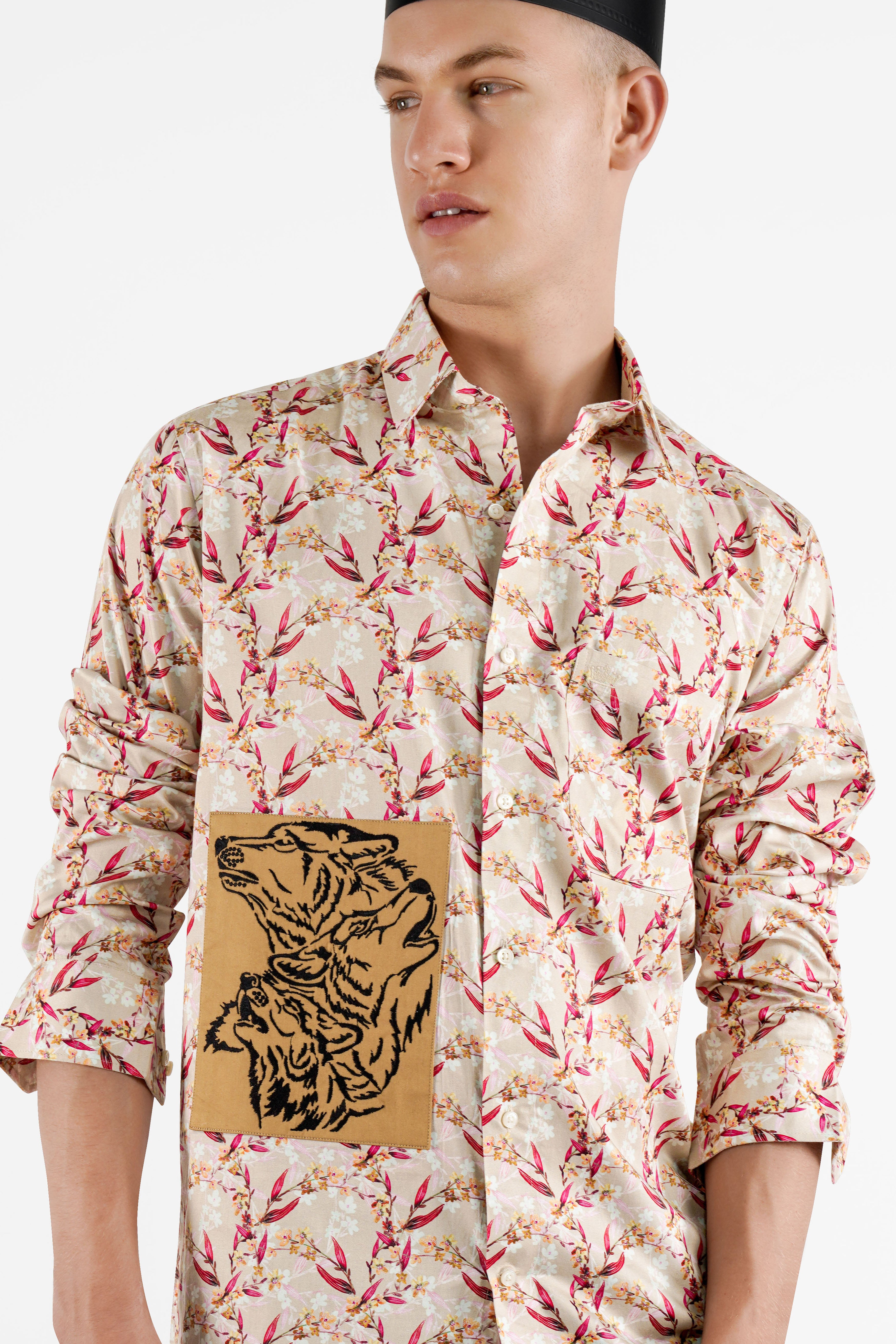 Bone Beige Leaves Printed with Dogs Patch Work Super Soft Premium Cotton Designer Shirt