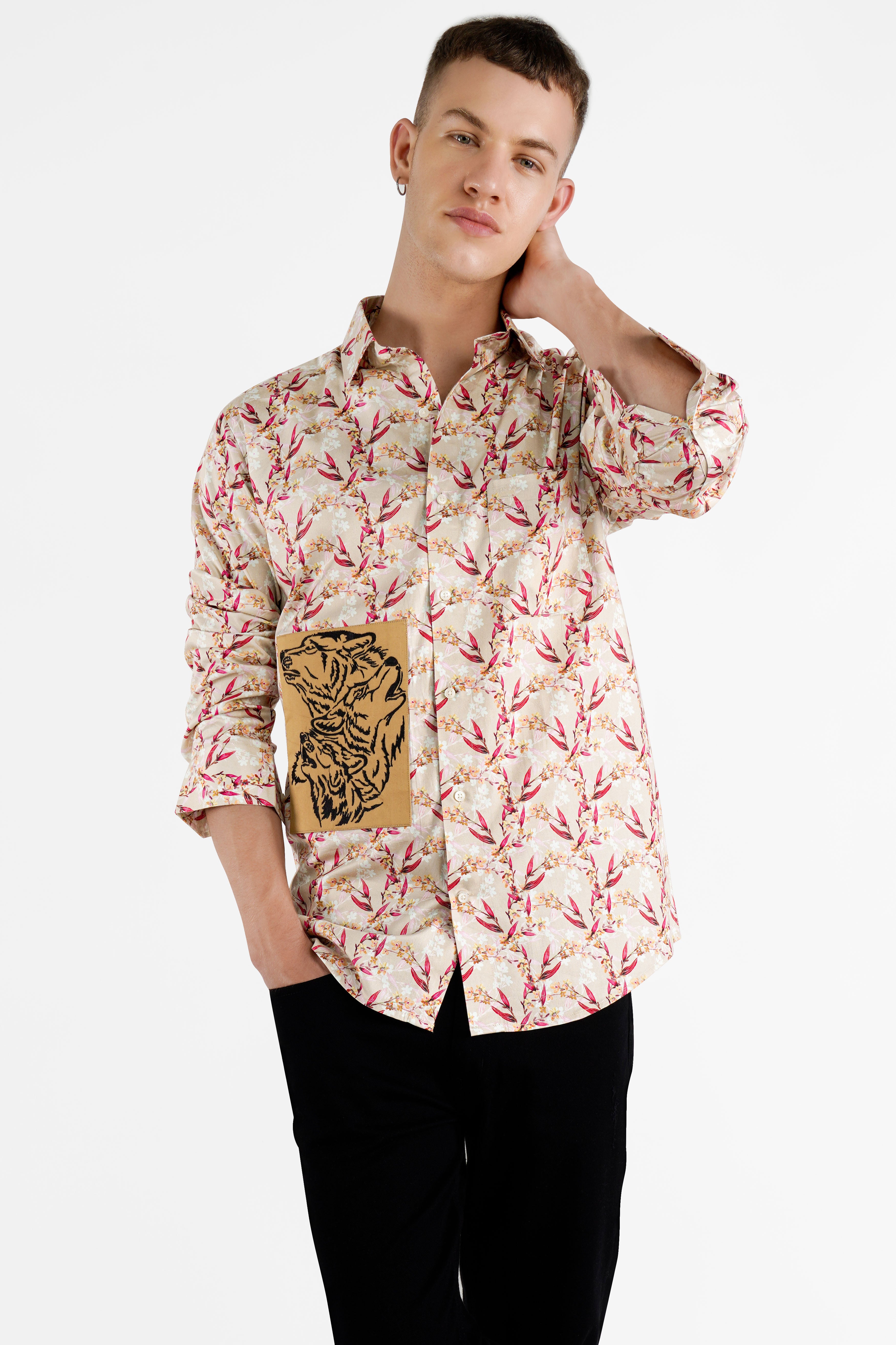 Bone Beige Leaves Printed with Dogs Patch Work Super Soft Premium Cotton Designer Shirt
