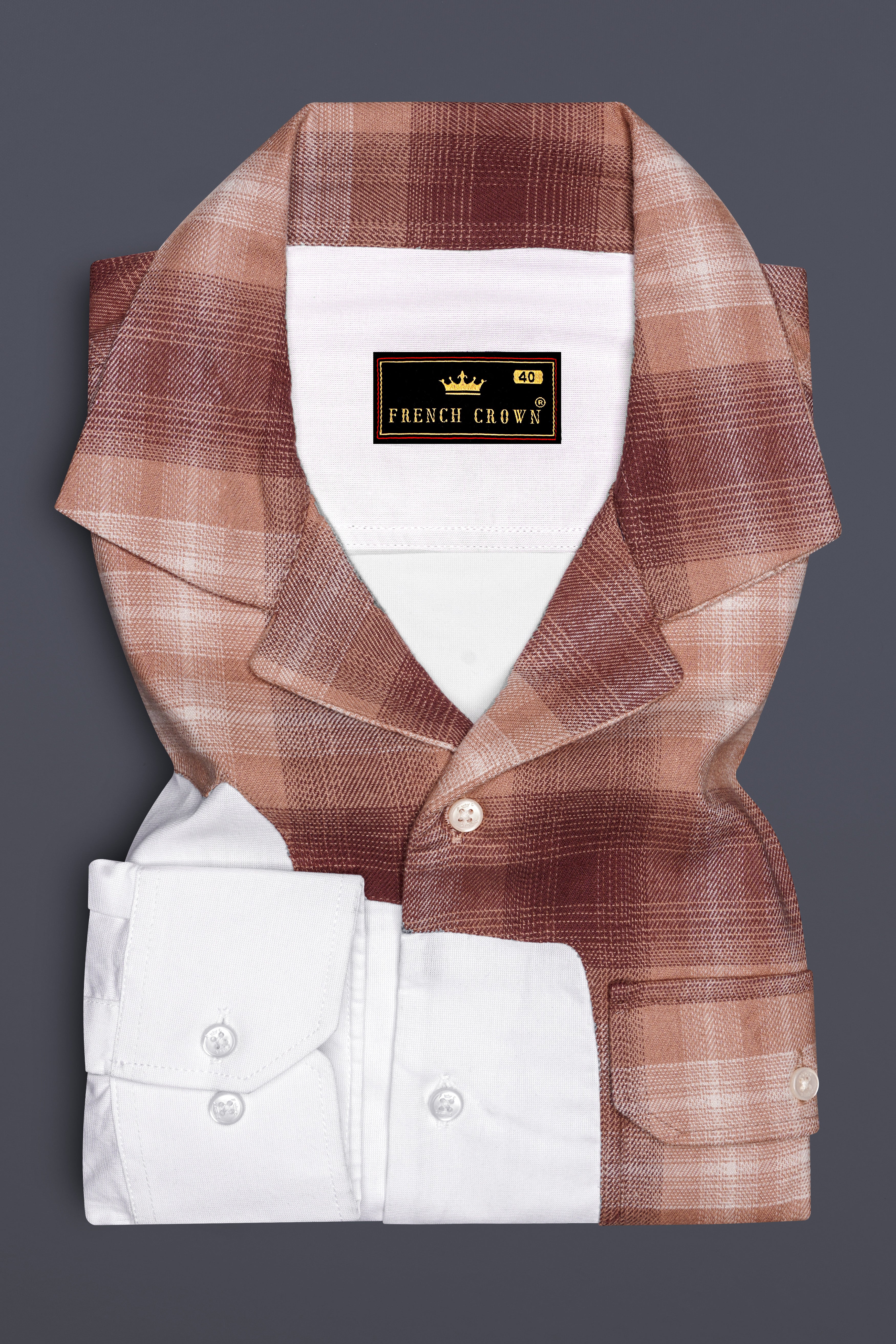 Bright White with Bizarre Brown Checkered Chambray Designer Shirt