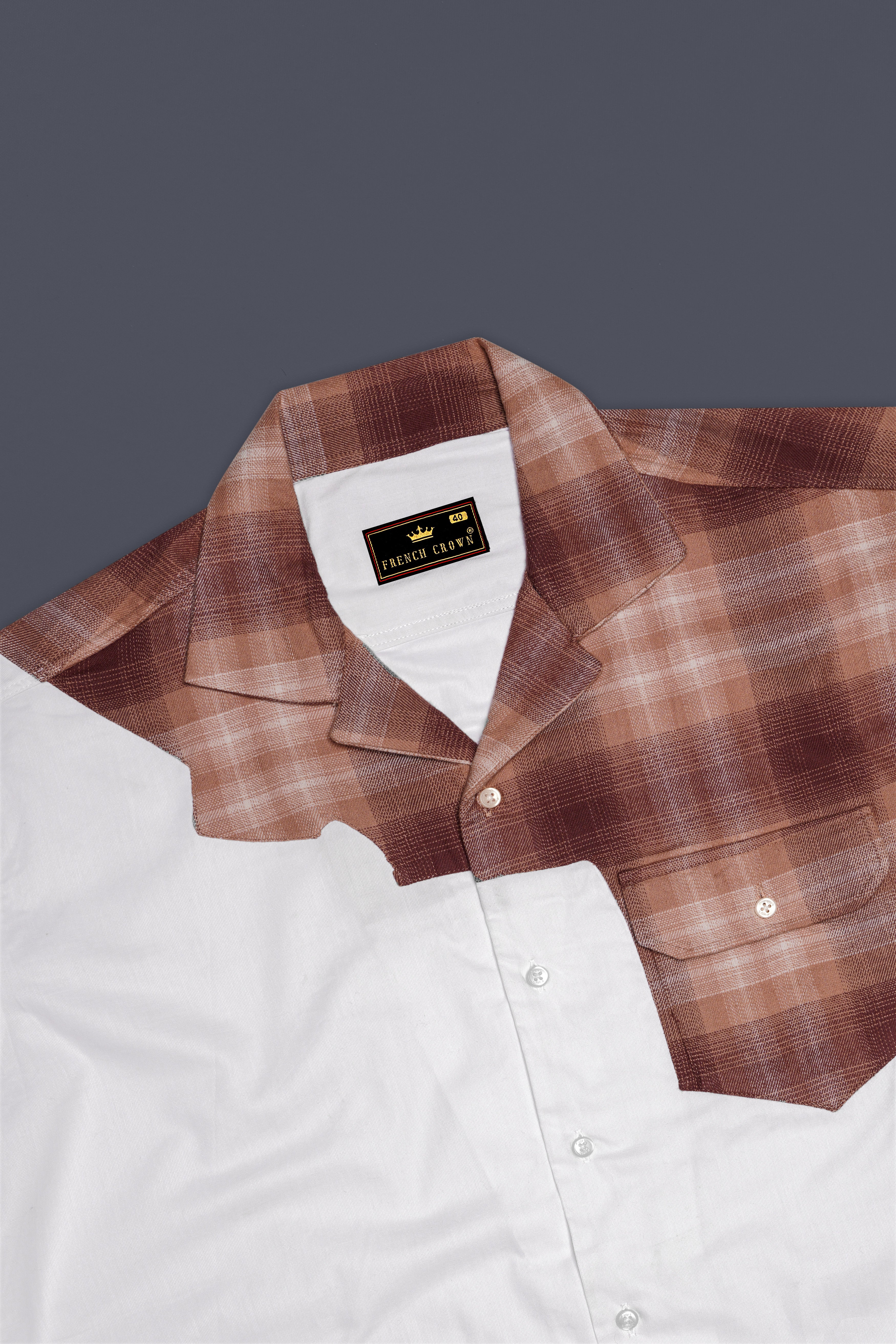 Bright White with Bizarre Brown Checkered Chambray Designer Shirt