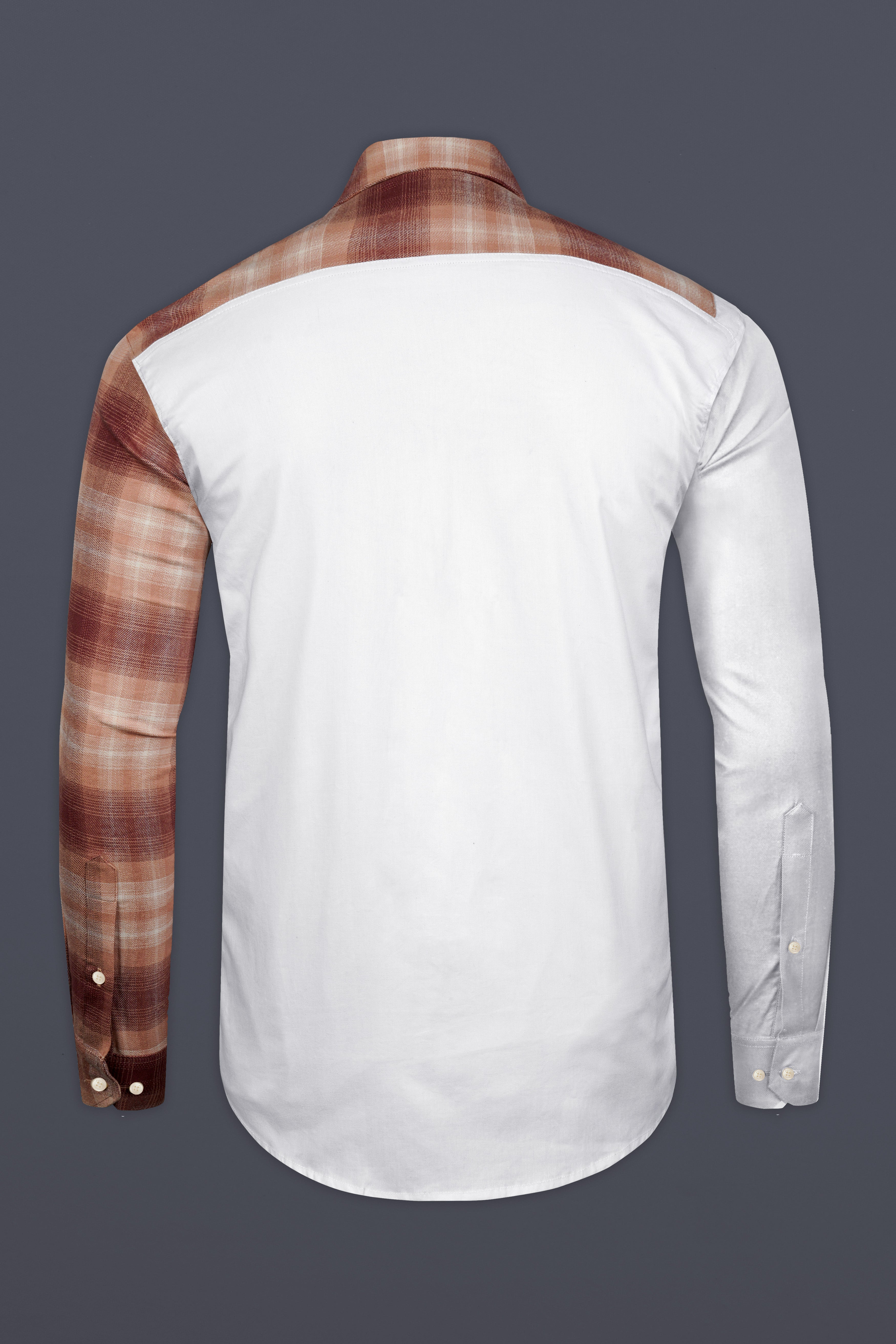 Bright White with Bizarre Brown Checkered Chambray Designer Shirt