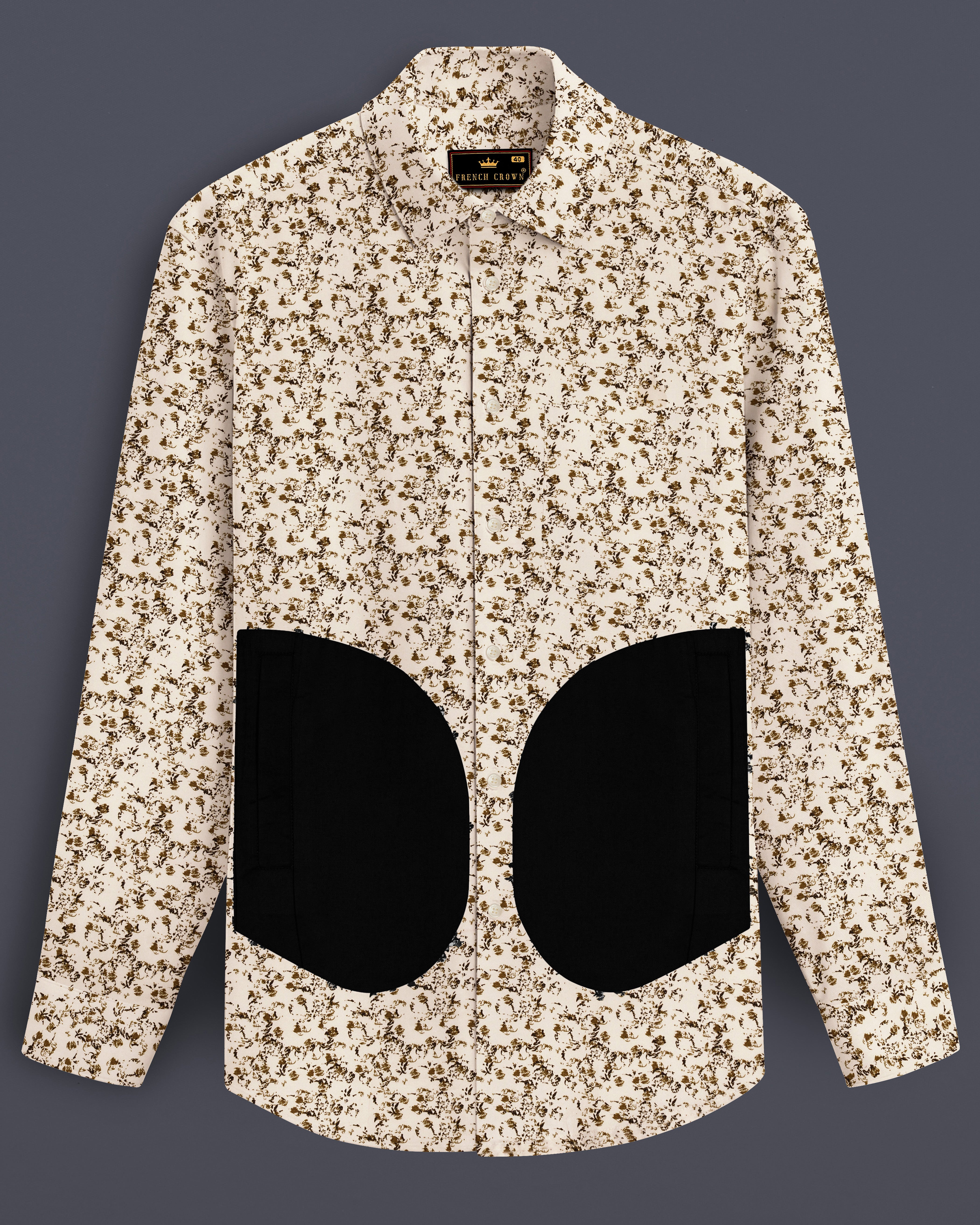 Sauvignon Cream Printed with Black Patches Twill Premium Cotton Designer Shirt