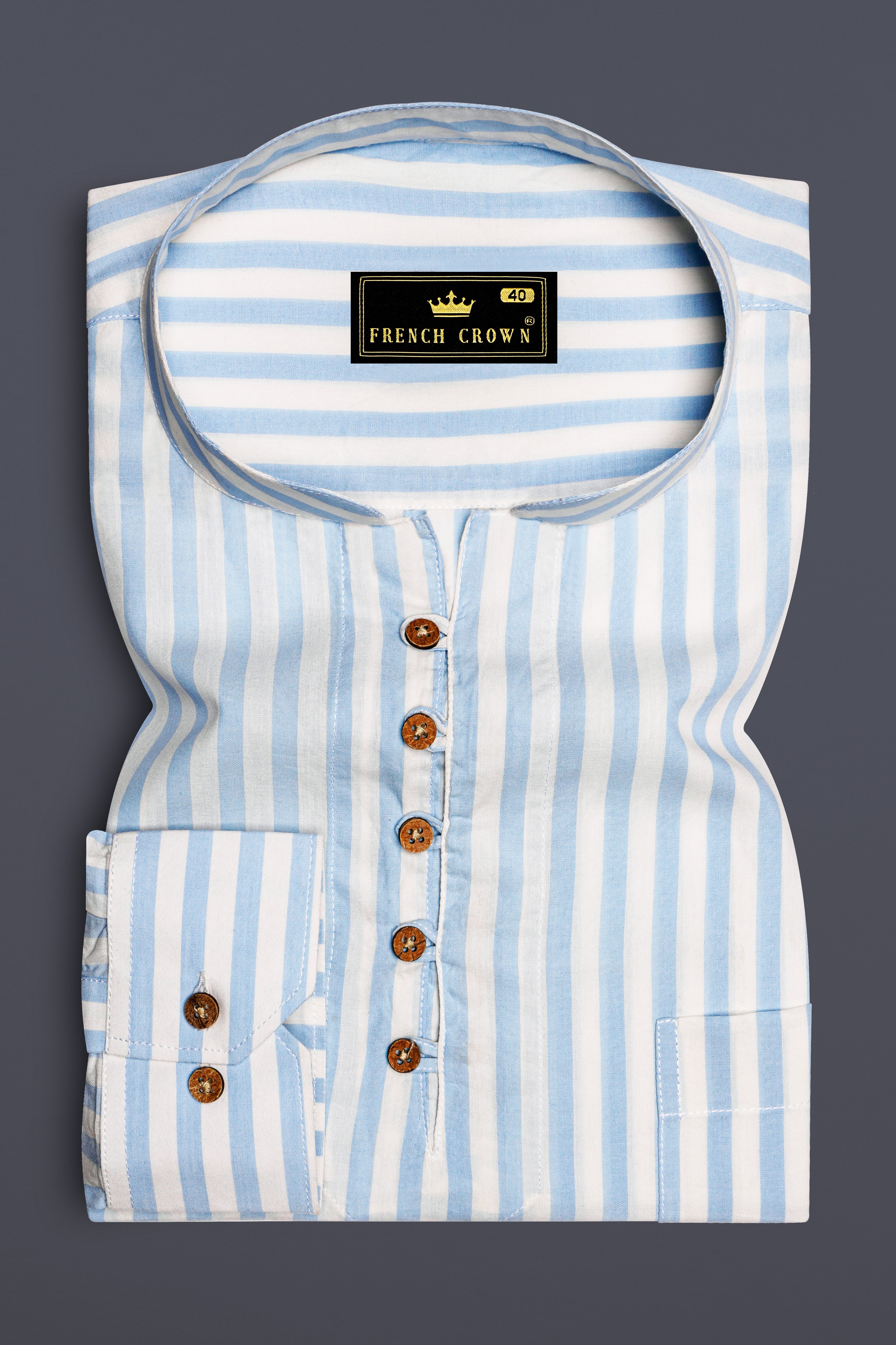 Bright White and Blizzard Blue Striped Premium Cotton Kurta Shirt