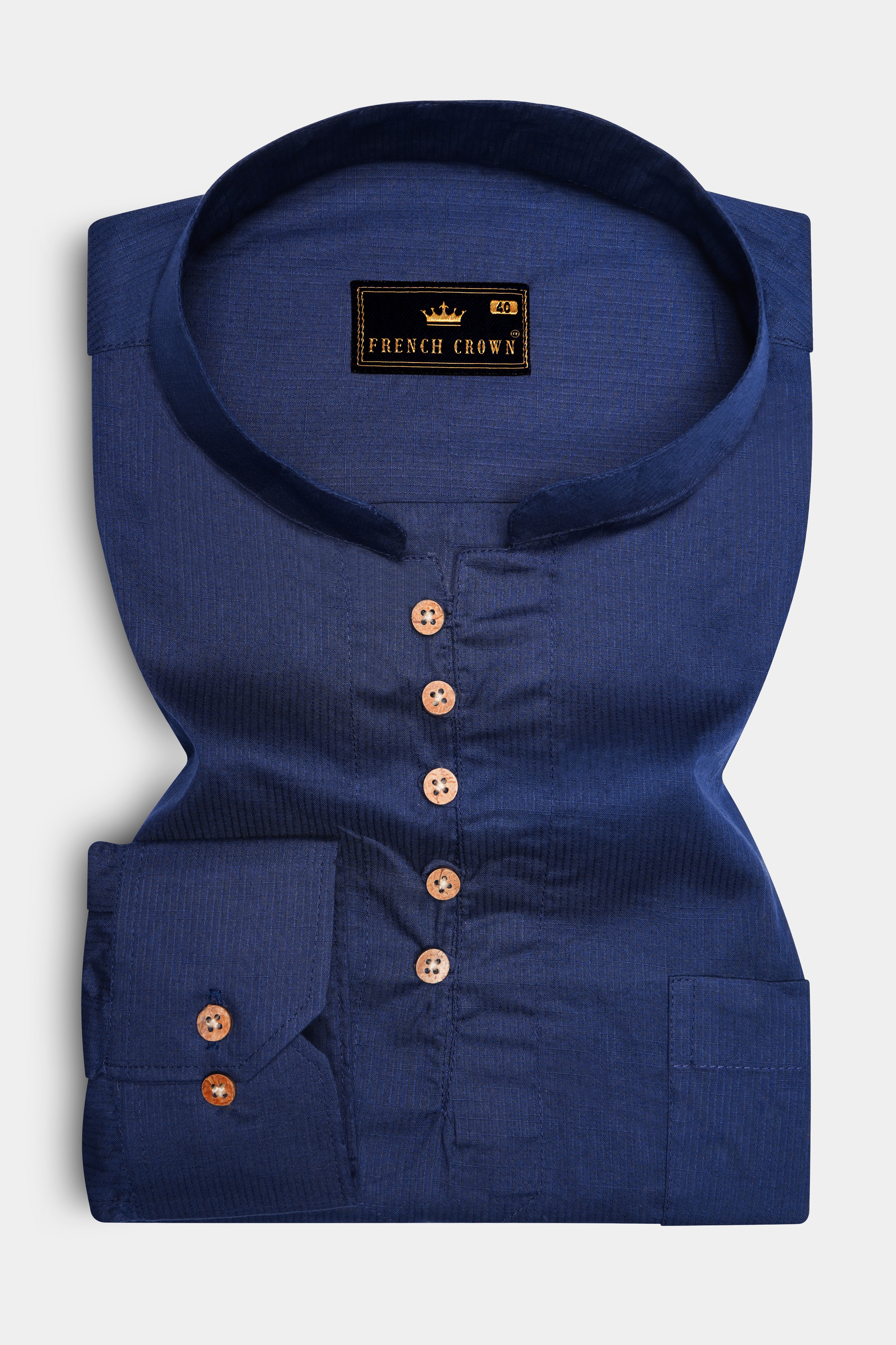 Ebony Clay Navy Blue Dobby Textured Premium Giza Cotton Kurta Shirt