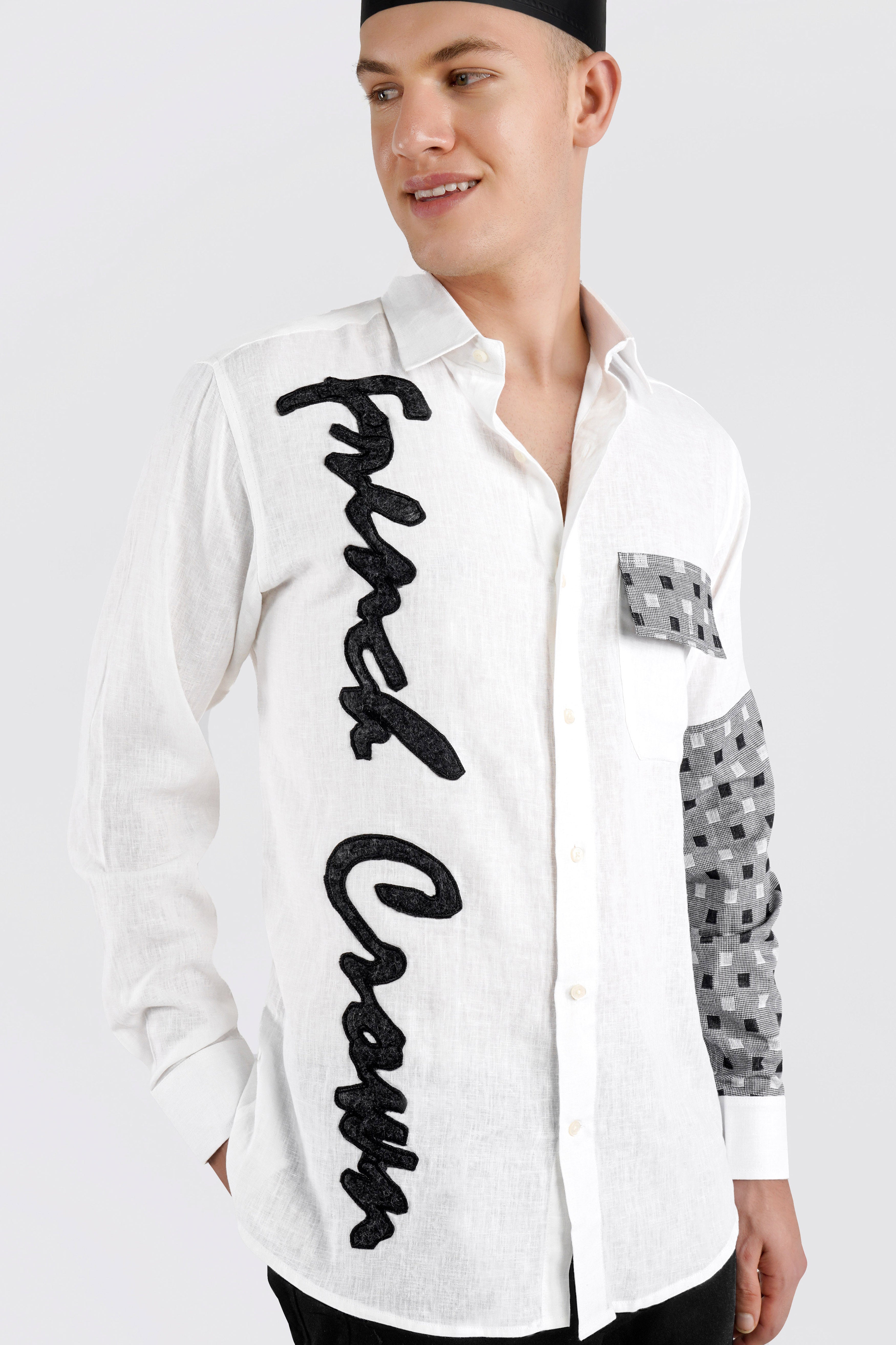 Bright White with Black French Crown Embroidered Luxurious Linen Designer Shirt