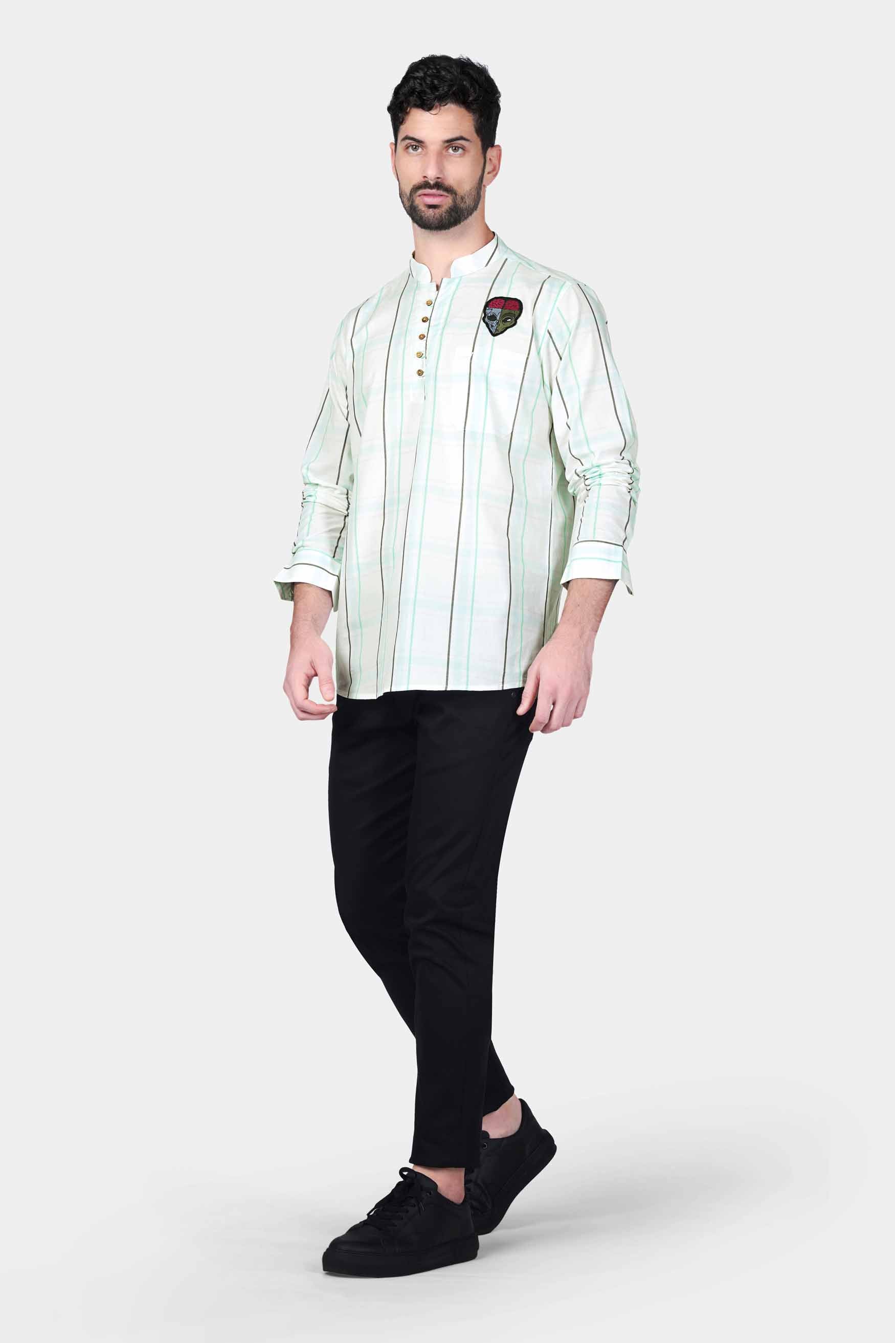Bright White with Cruise Green and Iridium Gray Striped with Alien Patchwork Premium Cotton Designer Kurta Shirt 8181-KS-E336-38, 8181-KS-E336-H-38, 8181-KS-E336-39, 8181-KS-E336-H-39, 8181-KS-E336-40, 8181-KS-E336-H-40, 8181-KS-E336-42, 8181-KS-E336-H-42, 8181-KS-E336-44, 8181-KS-E336-H-44, 8181-KS-E336-46, 8181-KS-E336-H-46, 8181-KS-E336-48, 8181-KS-E336-H-48, 8181-KS-E336-50, 8181-KS-E336-H-50, 8181-KS-E336-52, 8181-KS-E336-H-52