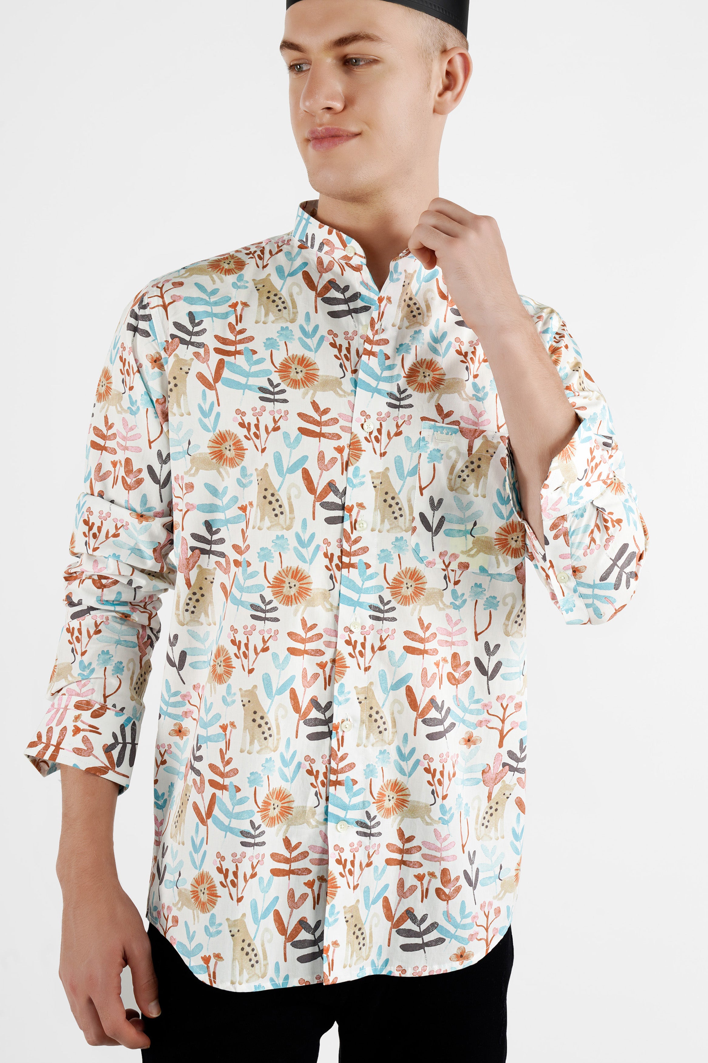 Bright White Multicolour Printed with Embroidered Mickey Patchwork Premium Cotton Designer Shirt
