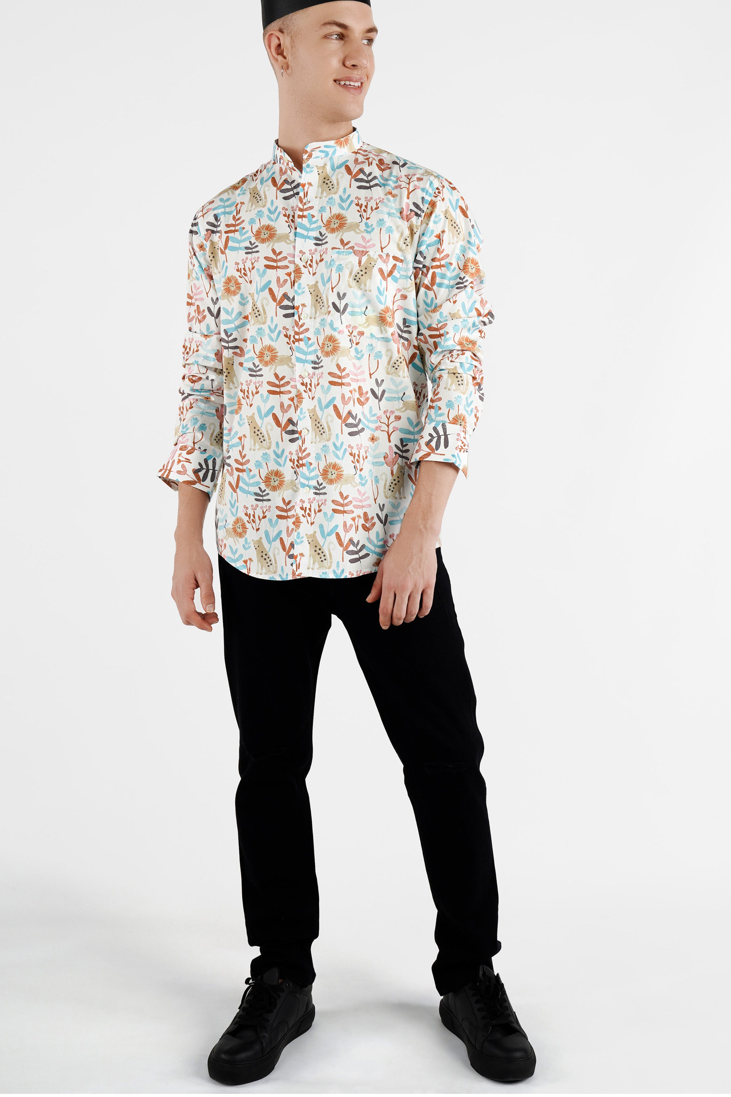 Bright White Multicolour Printed with Embroidered Mickey Patchwork Premium Cotton Designer Shirt