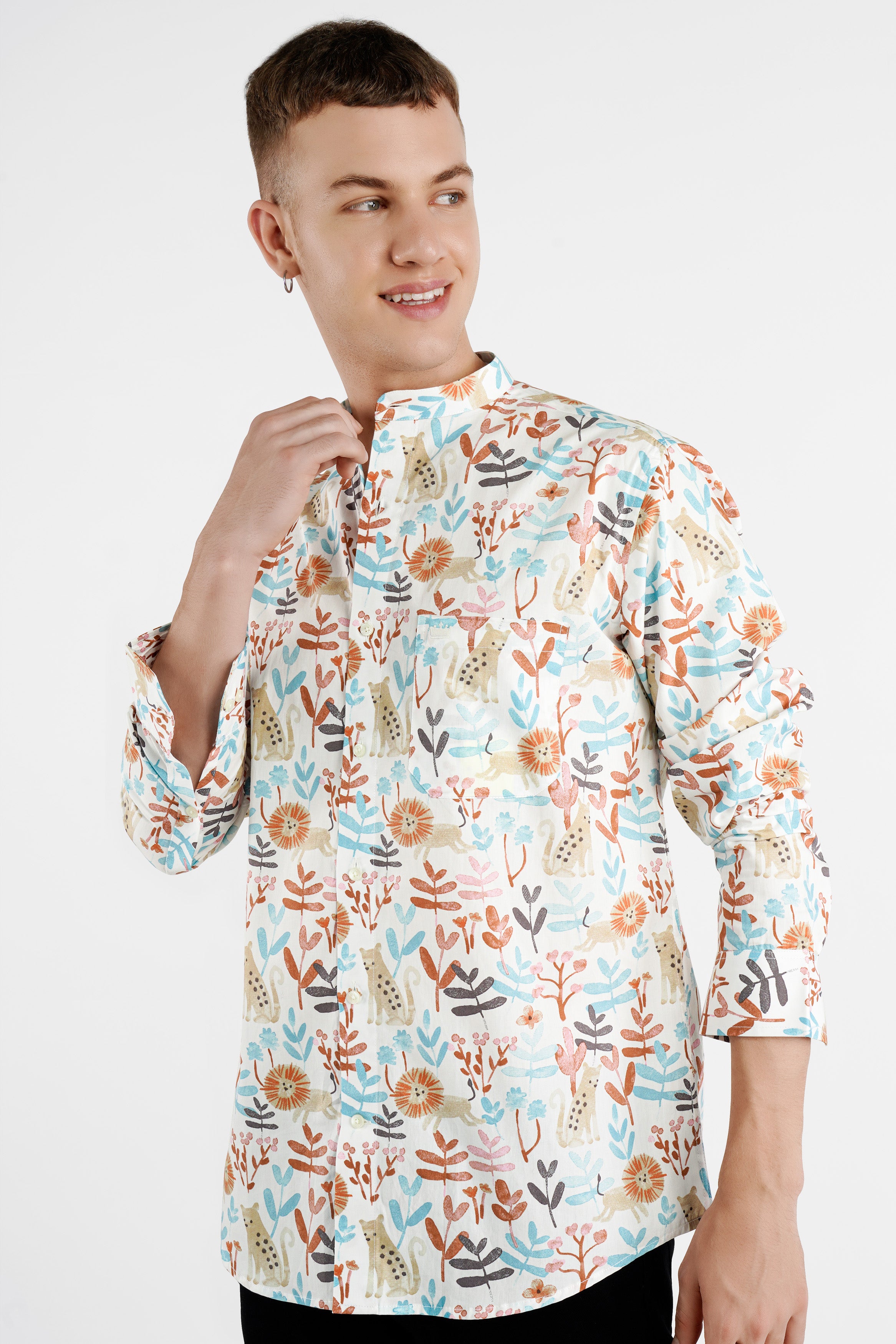 Bright White with Sapling Brown Multicolour Printed Premium Cotton Shirt