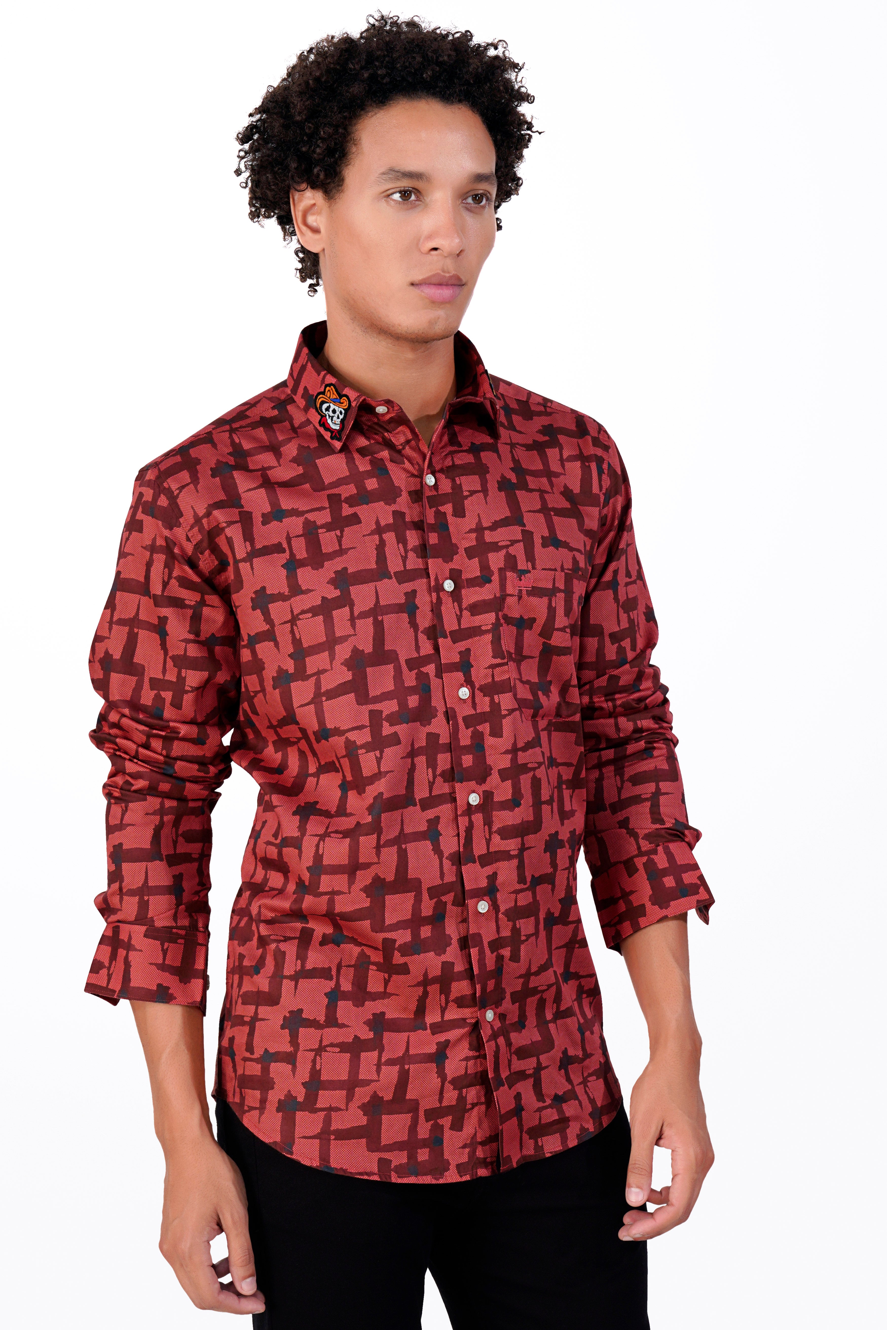 Cardinal Red Printed With Funky Patch Work Super Soft Premium Cotton Shirt 8190-E200-38, 8190-E200-H-38, 8190-E200-39, 8190-E200-H-39, 8190-E200-40, 8190-E200-H-40, 8190-E200-42, 8190-E200-H-42, 8190-E200-44, 8190-E200-H-44, 8190-E200-46, 8190-E200-H-46, 8190-E200-48, 8190-E200-H-48, 8190-E200-50, 8190-E200-H-50, 8190-E200-52, 8190-E200-H-52