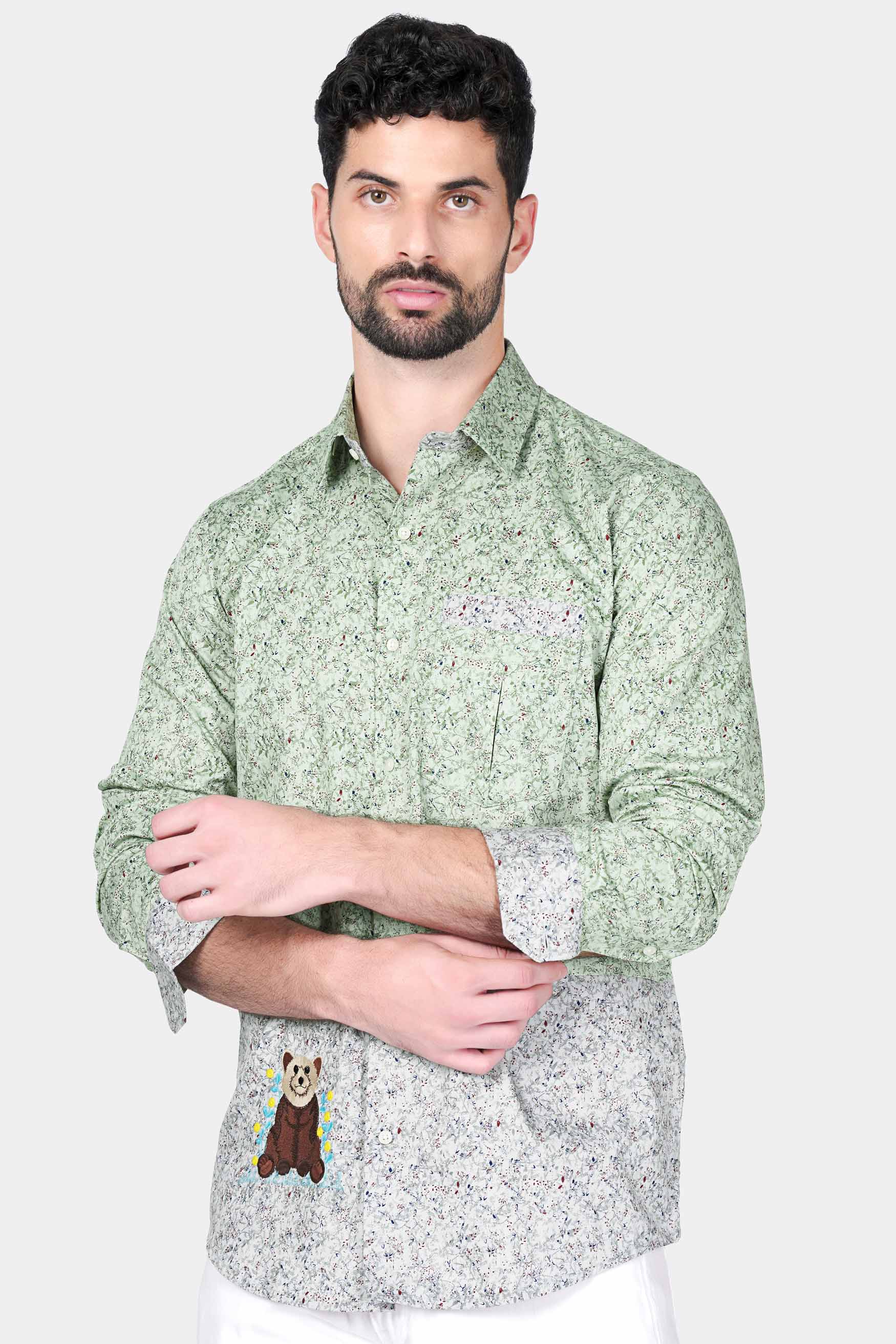 Clay Ash Green and Fiord Blue Printed with Bear Embroidered Twill Premium Cotton Designer Shirt 8193-P116-E294-38, 8193-P116-E294-H-38, 8193-P116-E294-39, 8193-P116-E294-H-39, 8193-P116-E294-40, 8193-P116-E294-H-40, 8193-P116-E294-42, 8193-P116-E294-H-42, 8193-P116-E294-44, 8193-P116-E294-H-44, 8193-P116-E294-46, 8193-P116-E294-H-46, 8193-P116-E294-48, 8193-P116-E294-H-48, 8193-P116-E294-50, 8193-P116-E294-H-50, 8193-P116-E294-52, 8193-P116-E294-H-52