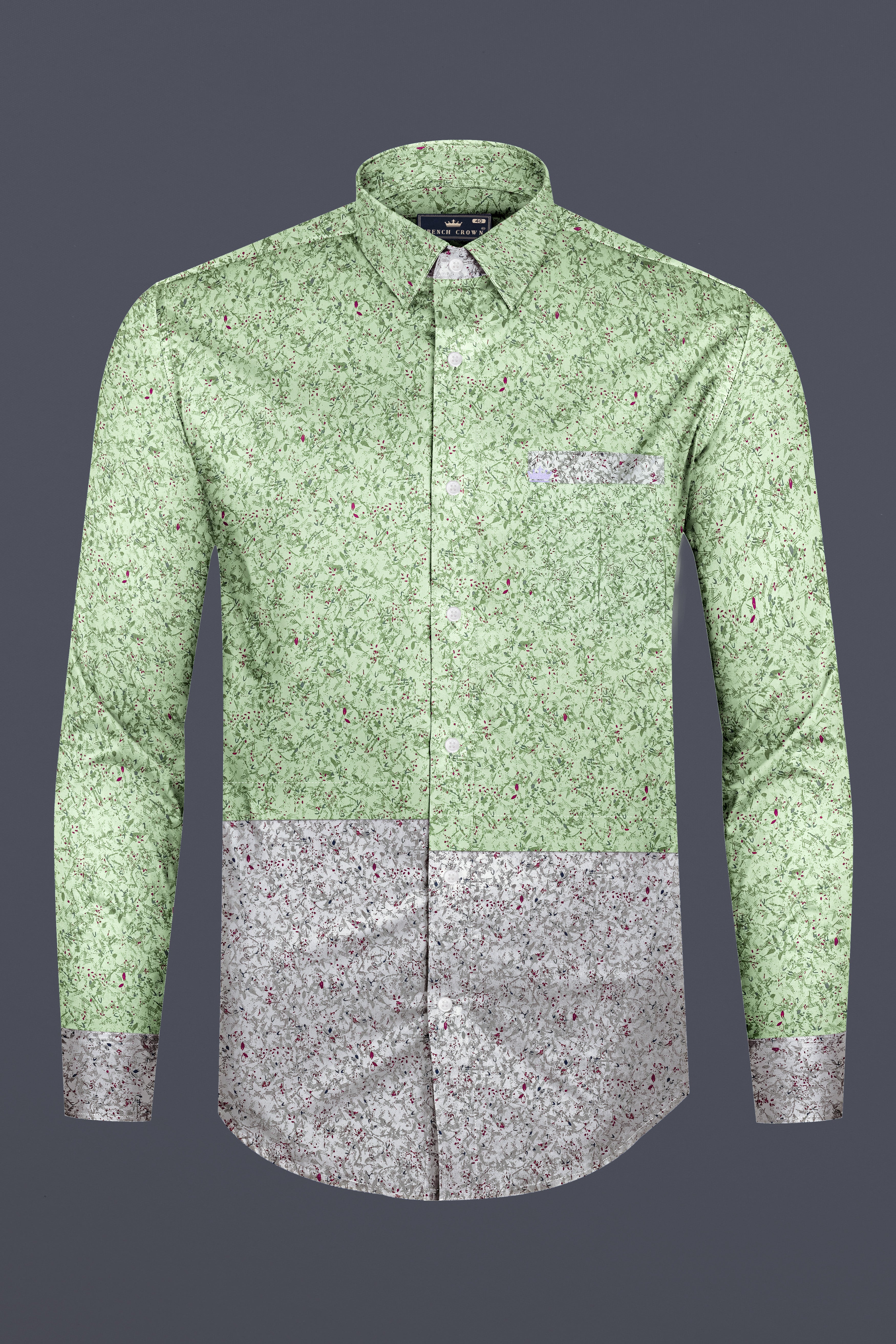 Clay Ash Green with Metallic Gray Ditsy Printed Twill Premium Cotton Designer Shirt