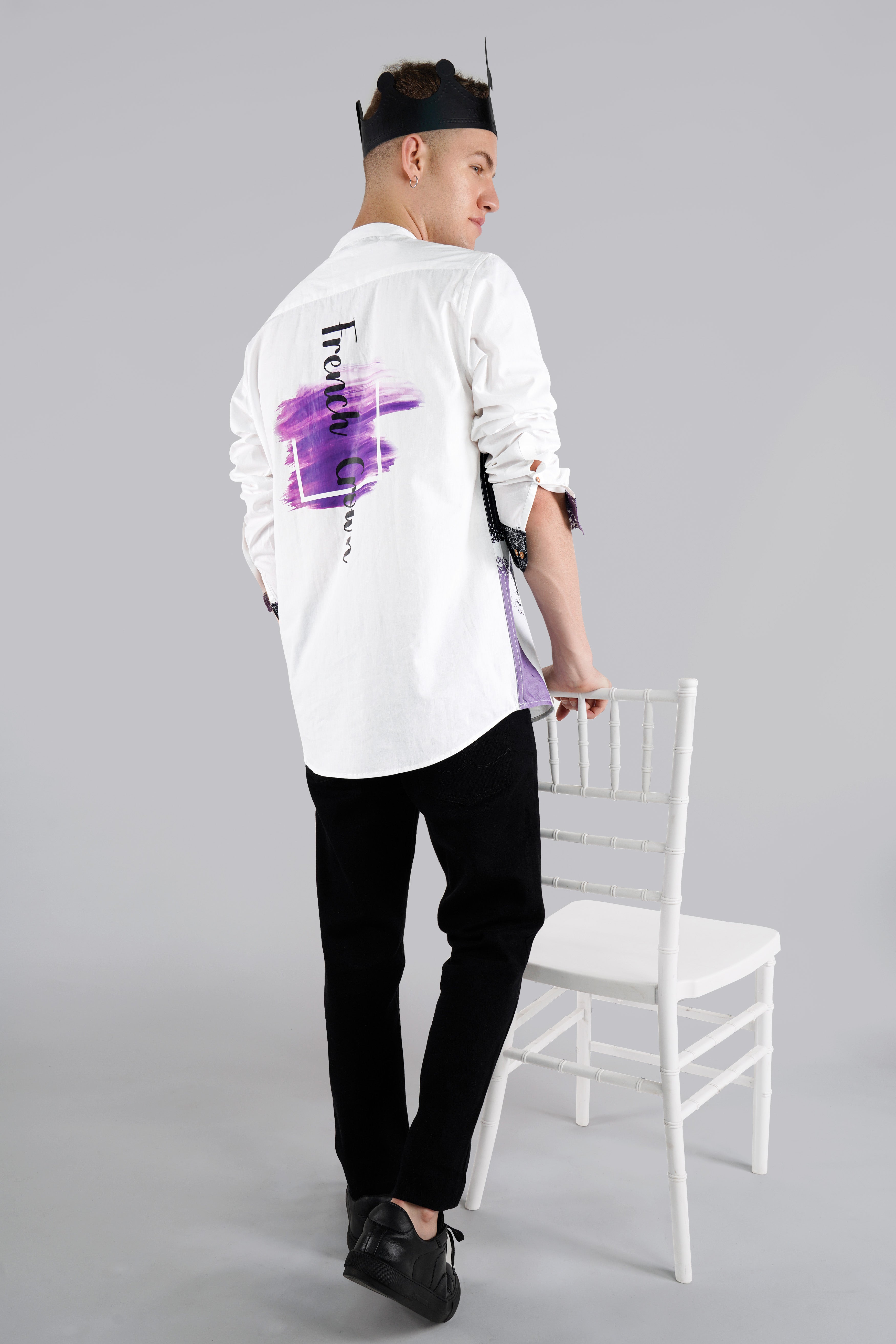 Bright White with Funky Printed French Crown Premium Cotton Designer Kurta Shirt