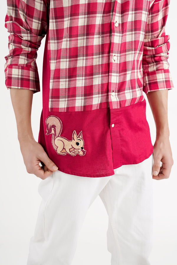 Cardinal Red with White Checkered Rabbit Patchwork Dobby Premium Giza Cotton Designer Shirt