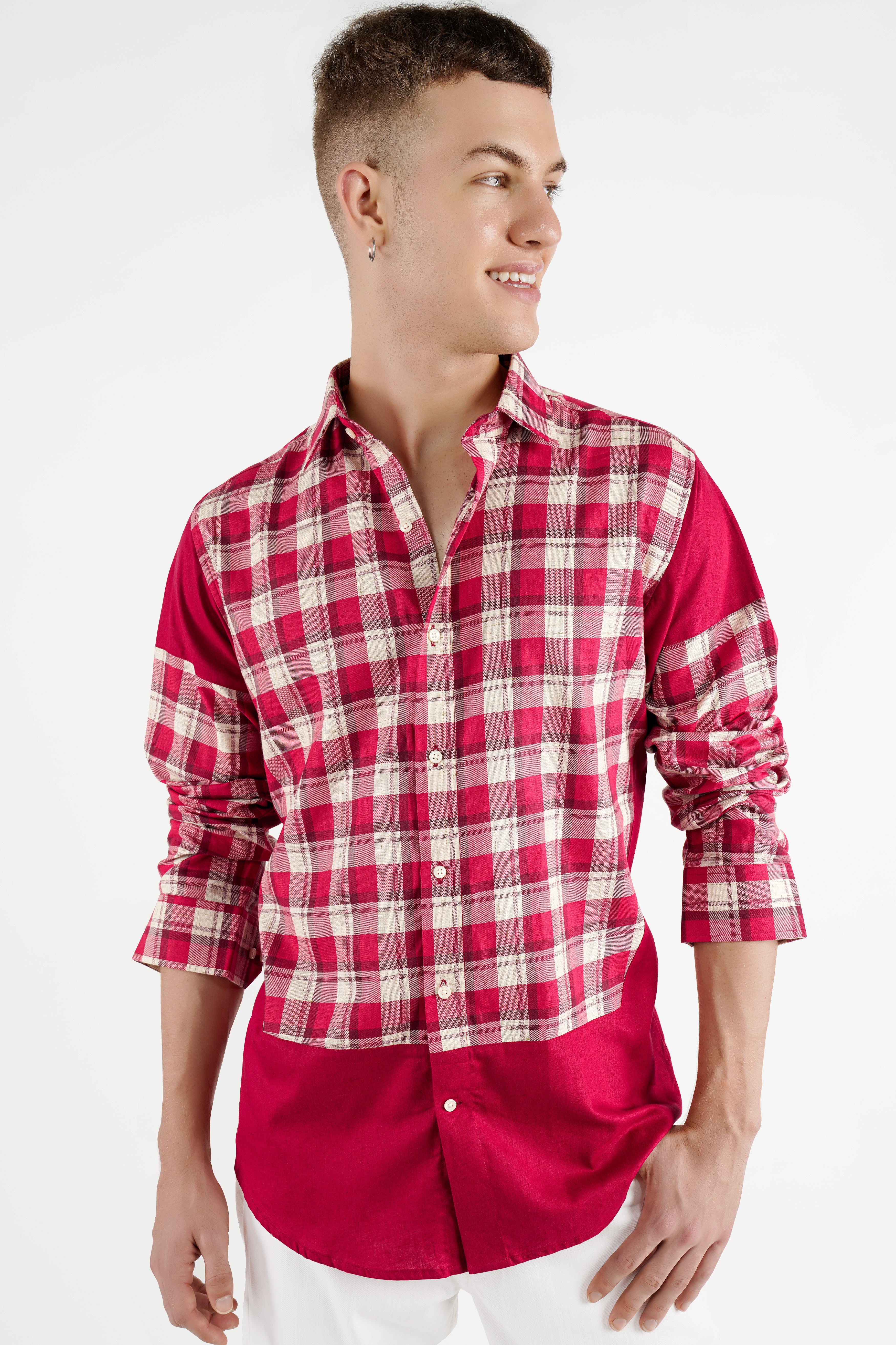 Cardinal Red and White Checkered with Funky Printed Dobby Designer Shirt