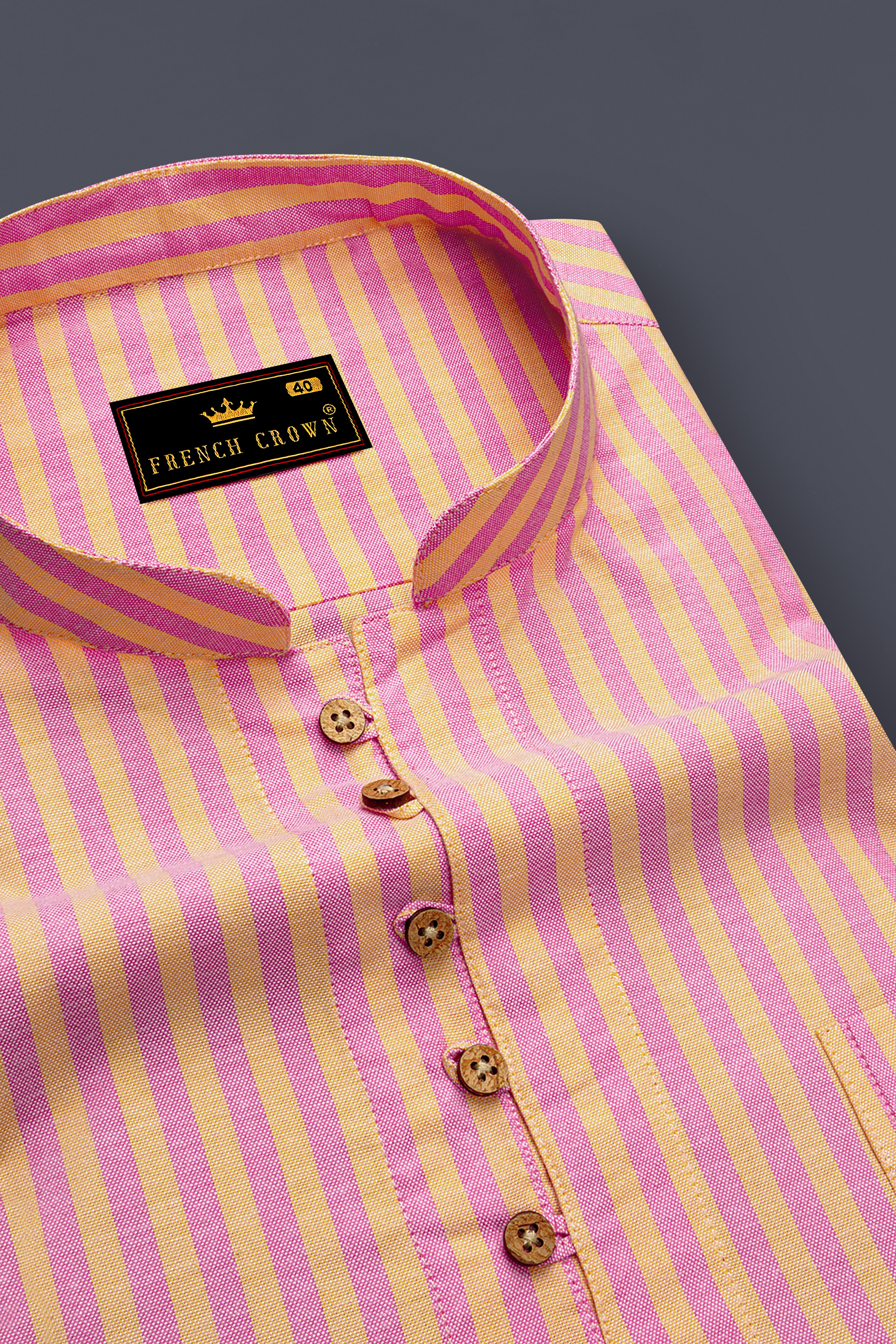 Marzipan Yellow and Pastel Pink Striped Royal Oxford Kurta Shirt