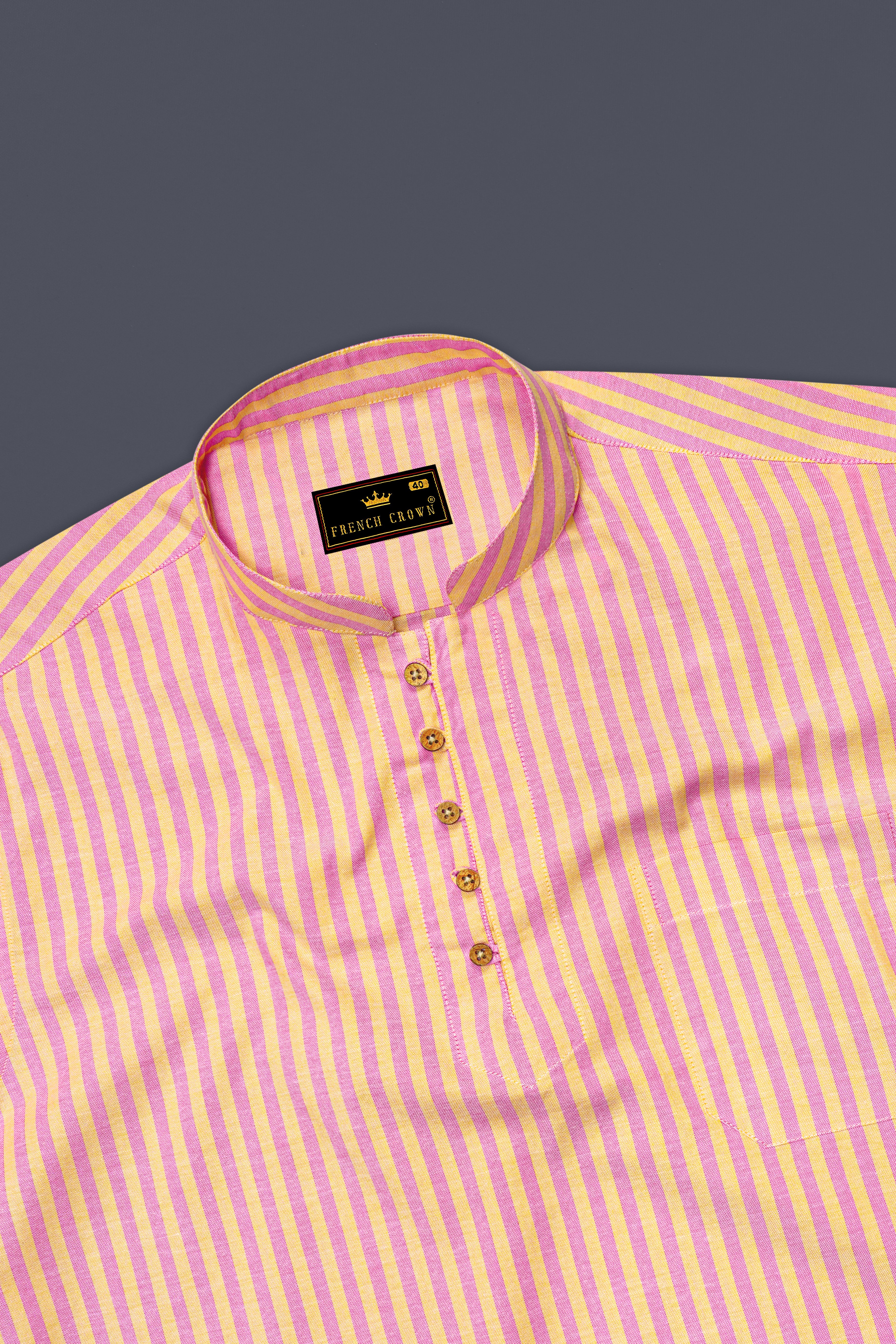 Marzipan Yellow and Pastel Pink Striped Royal Oxford Kurta Shirt