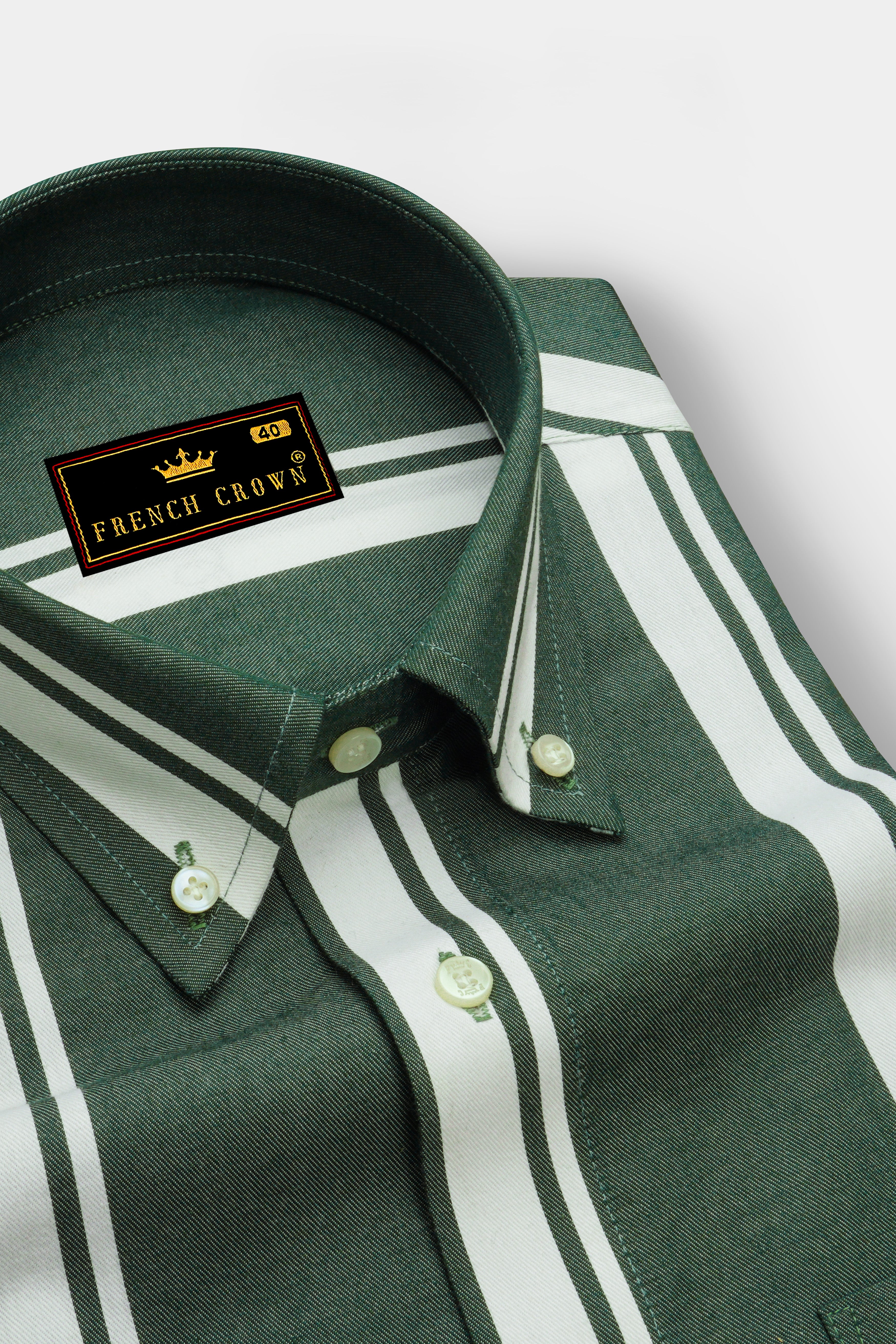 Cactus Green and Bright White Twill Striped Premium Cotton Shirt