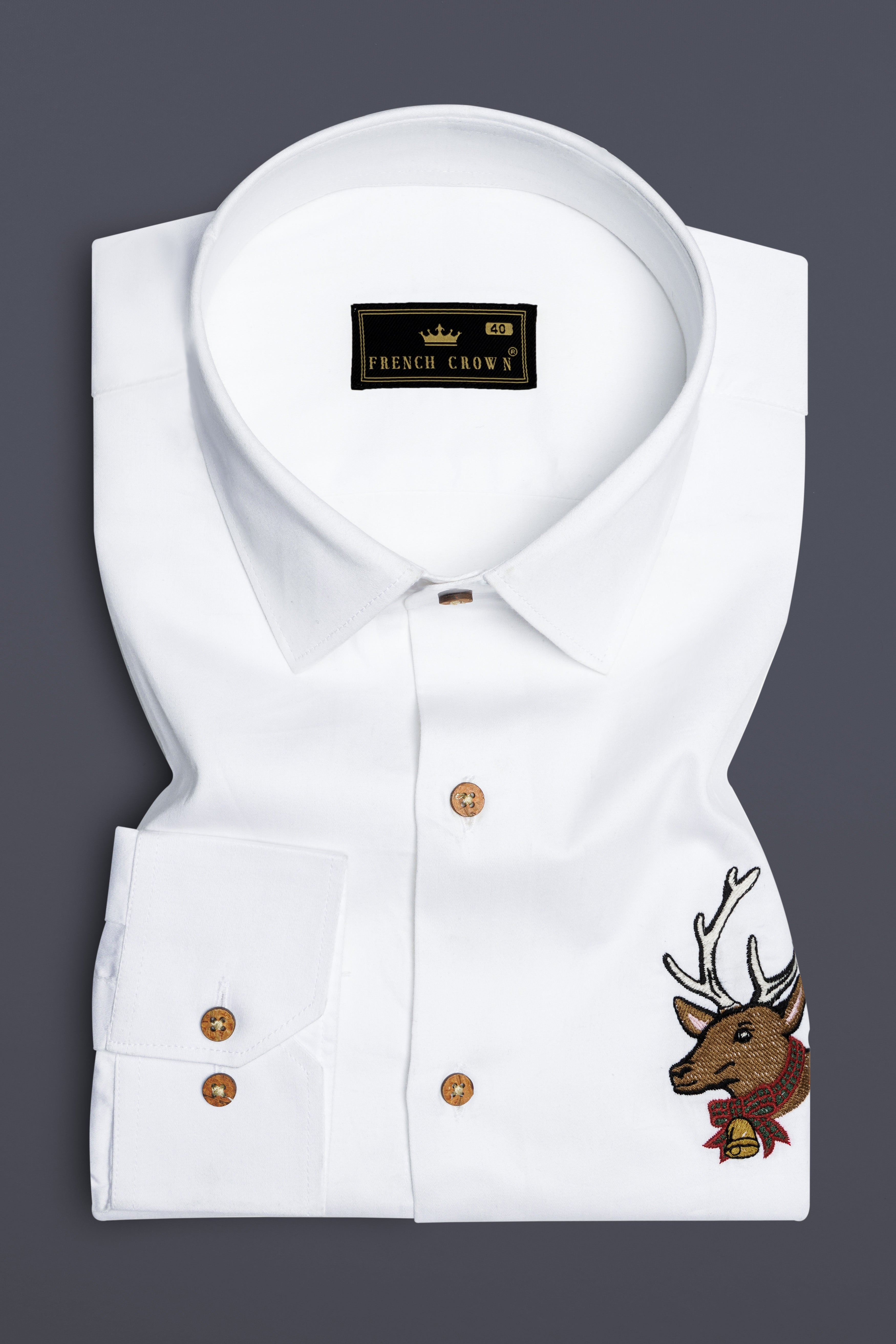 Bright White Subtle Sheen Deer Embroidered Super Soft Premium Cotton Shirt