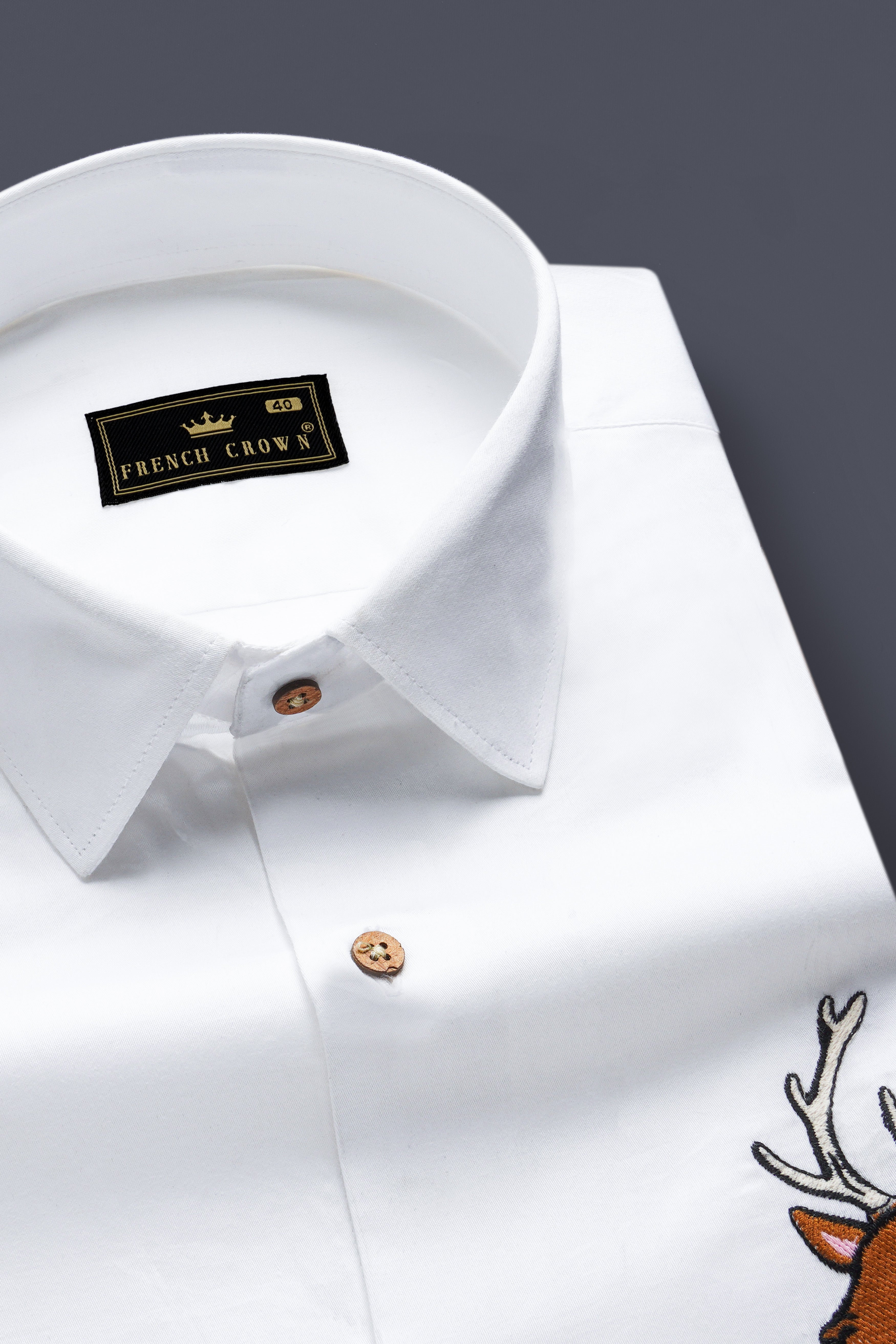 Bright White Subtle Sheen Deer Embroidered Super Soft Premium Cotton Shirt