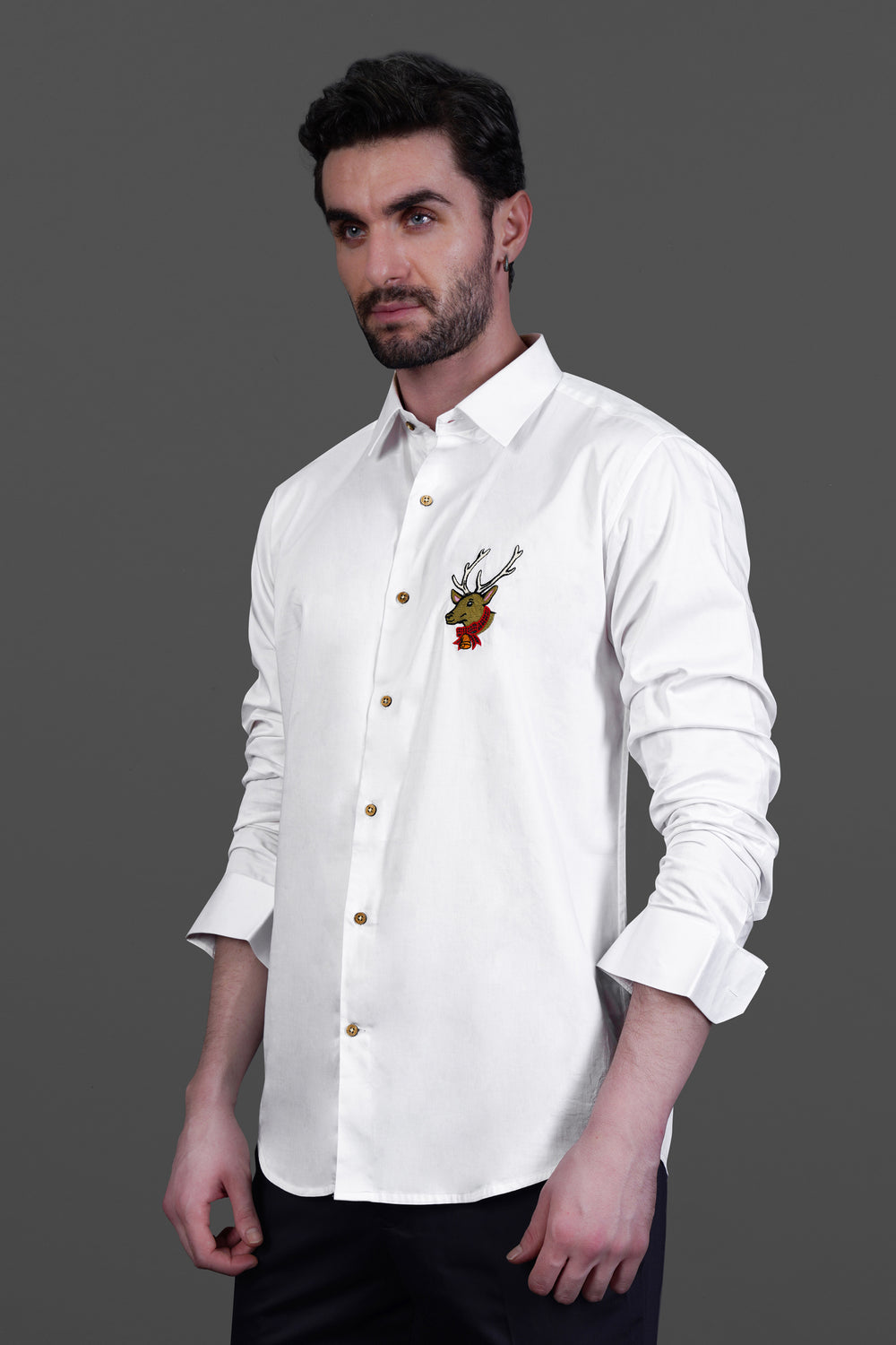 BRIGHT WHITE SUBTLE SHEEN DEER EMBROIDERED SUPER SOFT PREMIUM COTTON SHIRT