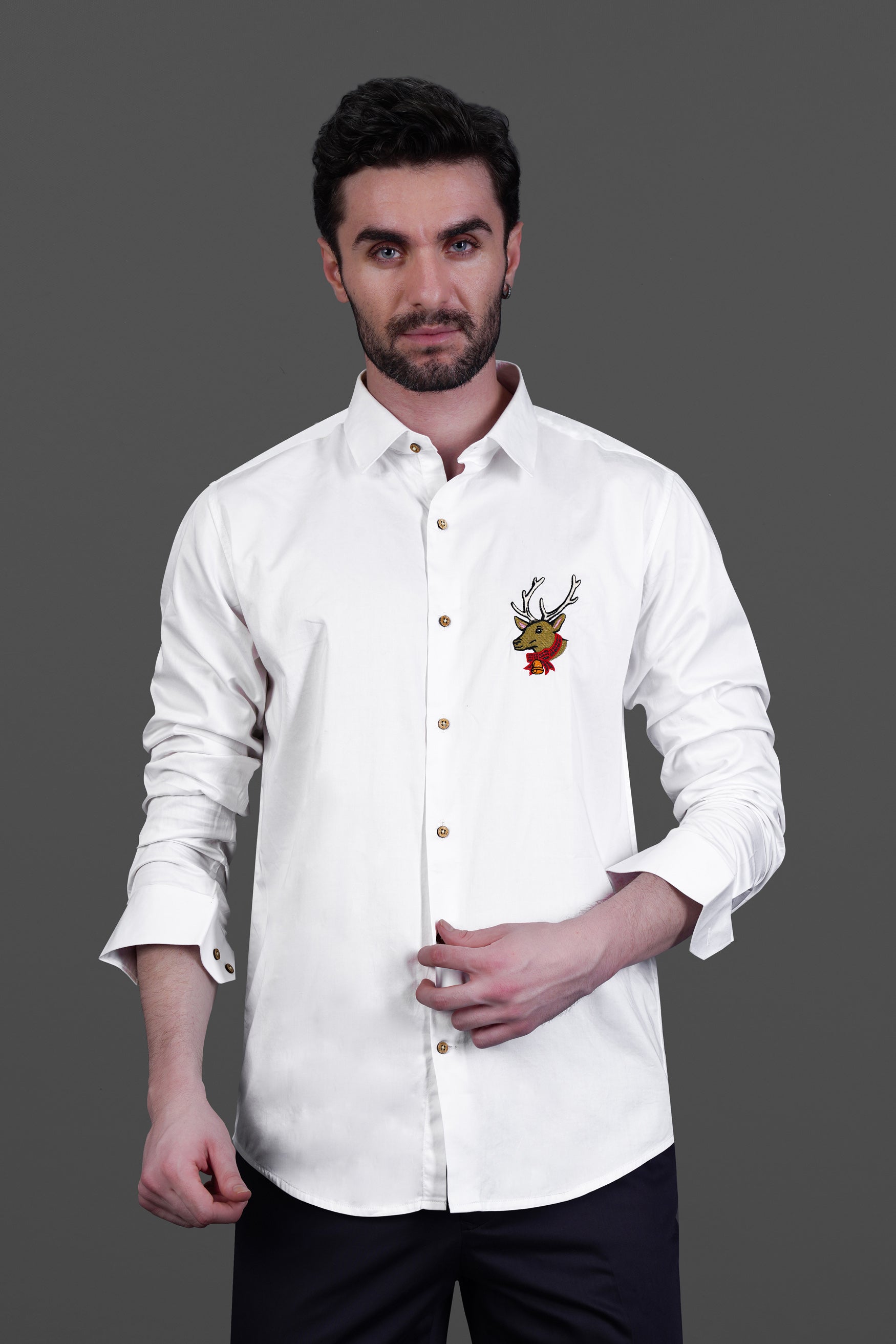 Bright White Subtle Sheen Deer Embroidered Super Soft Premium Cotton Shirt