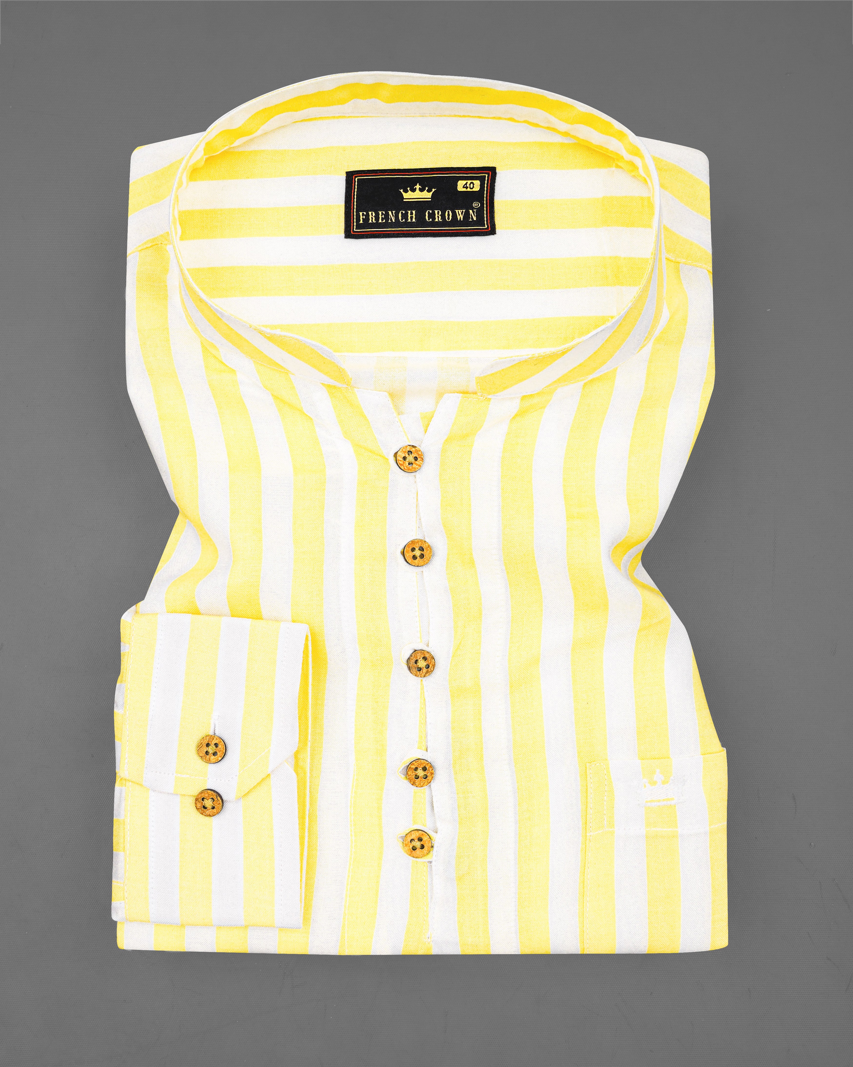 Bright White with Flax Yellow Striped Hand Painted Premium Tencel Designer Kurta Shirt