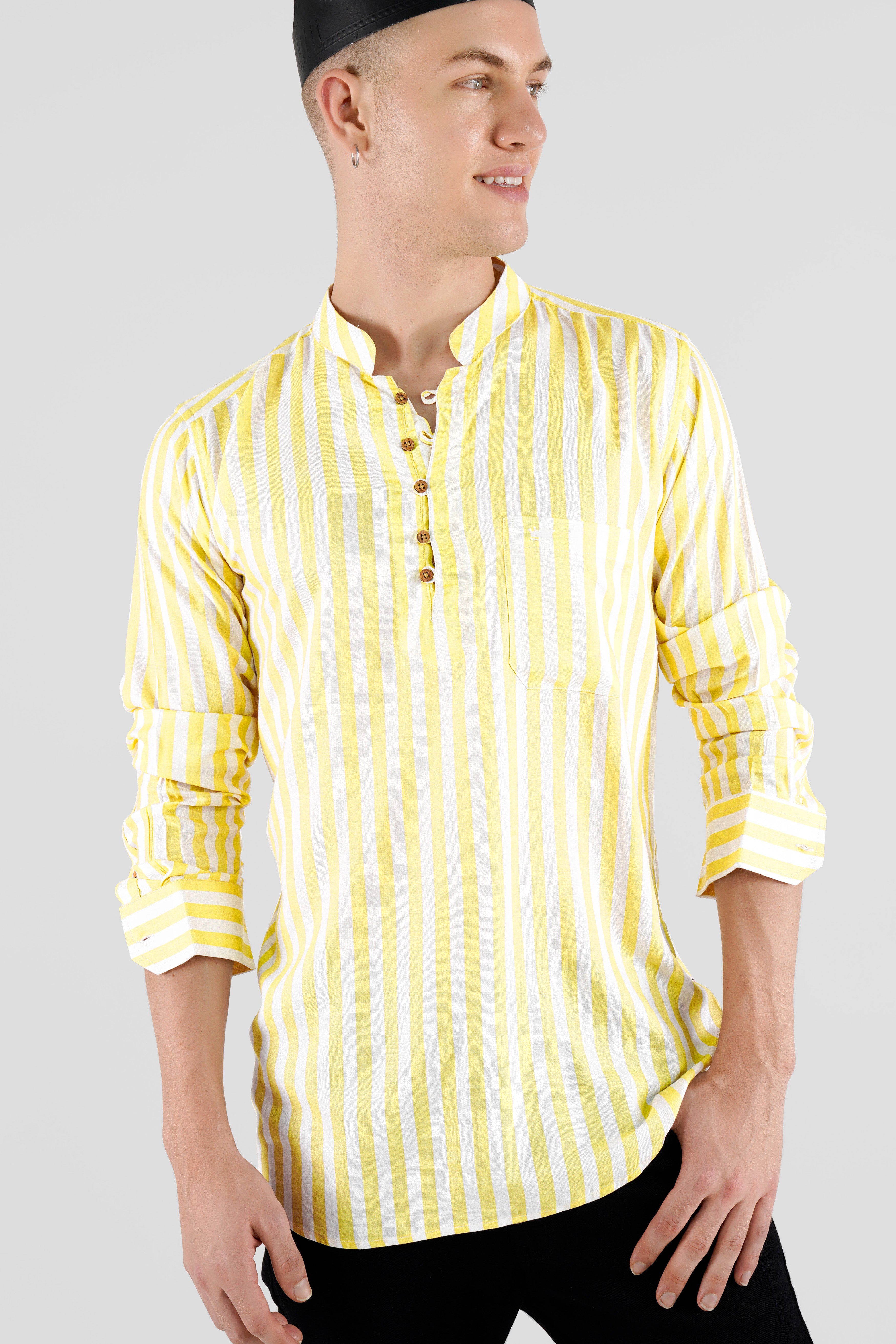 Bright White with Flax Yellow Striped Hand Painted Premium Tencel Designer Kurta Shirt