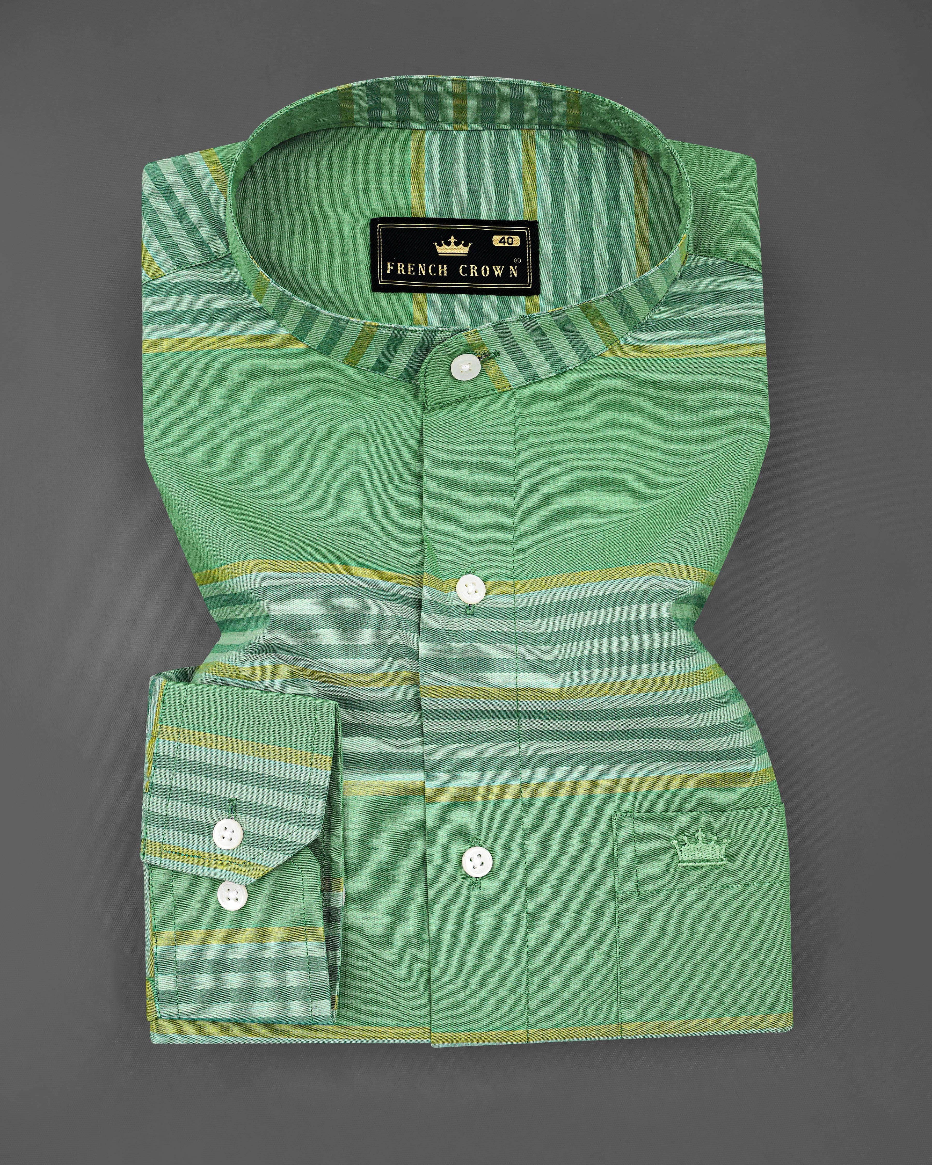 Lichen Green with Laser Yellow Striped Premium Cotton Shirt