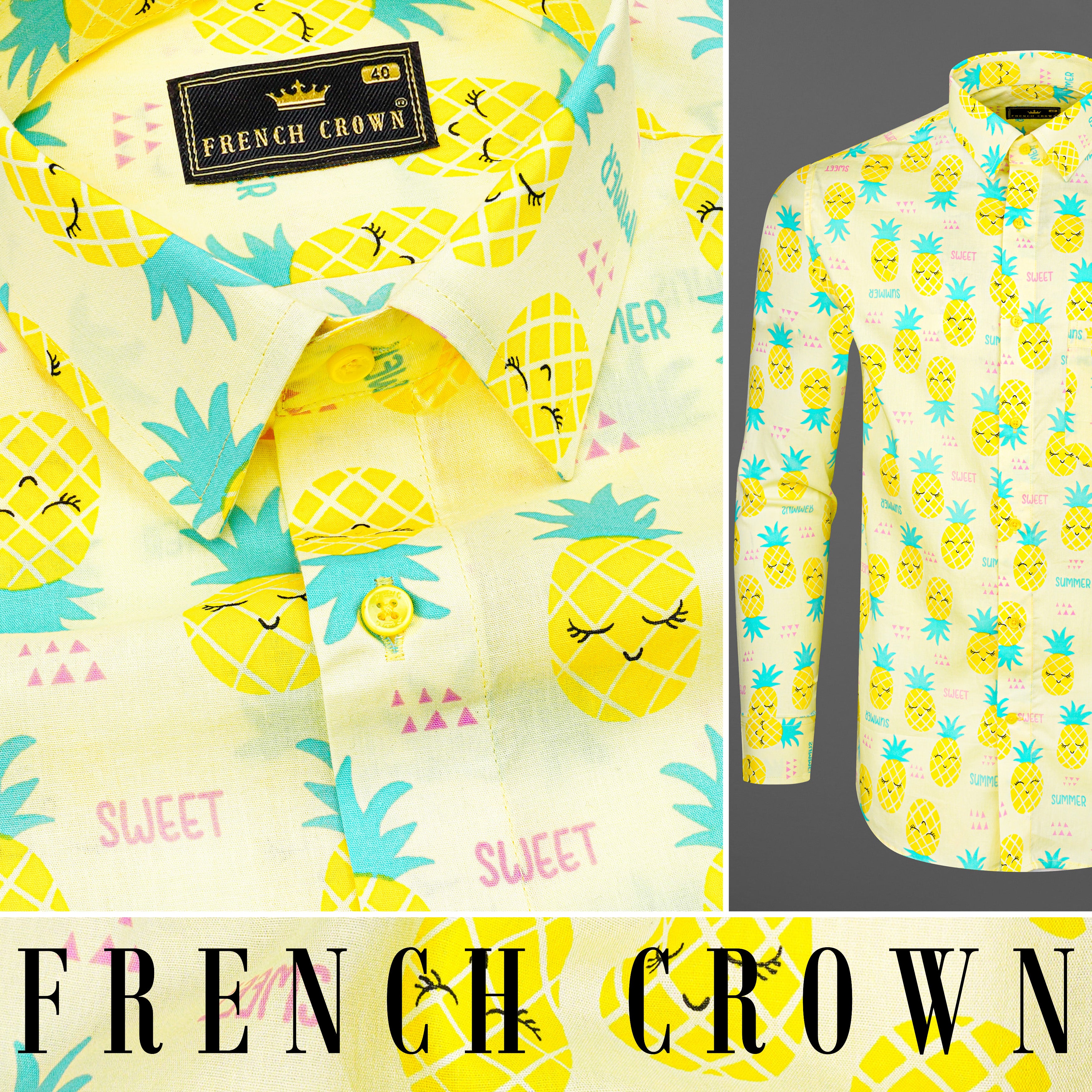 Tahuna Beige with Turbo Yellow Pineapple printed Premium Cotton Shirt