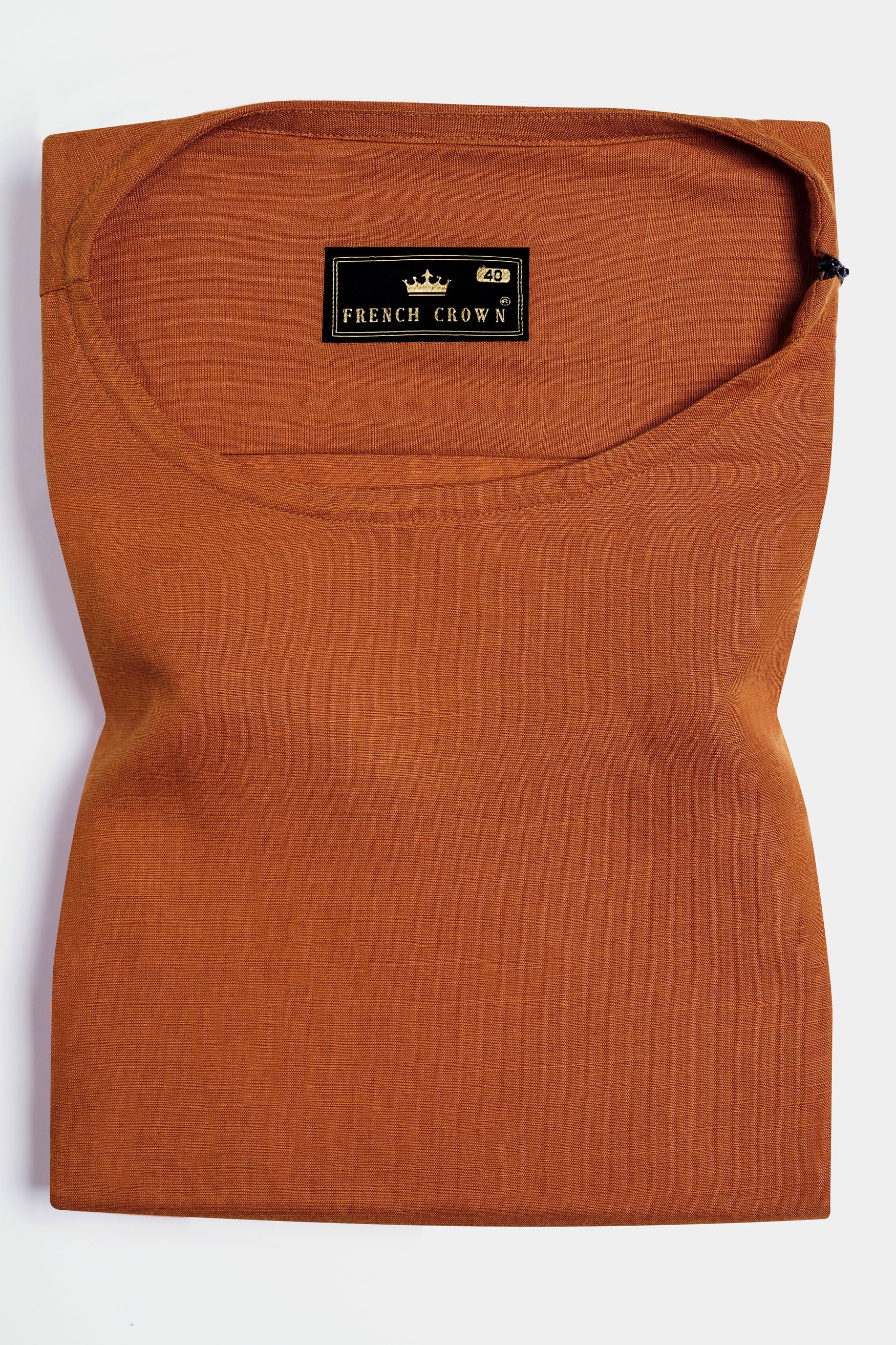 Cognac Orange Tiger Embroidered Luxurious Linen Round Neck Designer Shirt with Functional Zipper