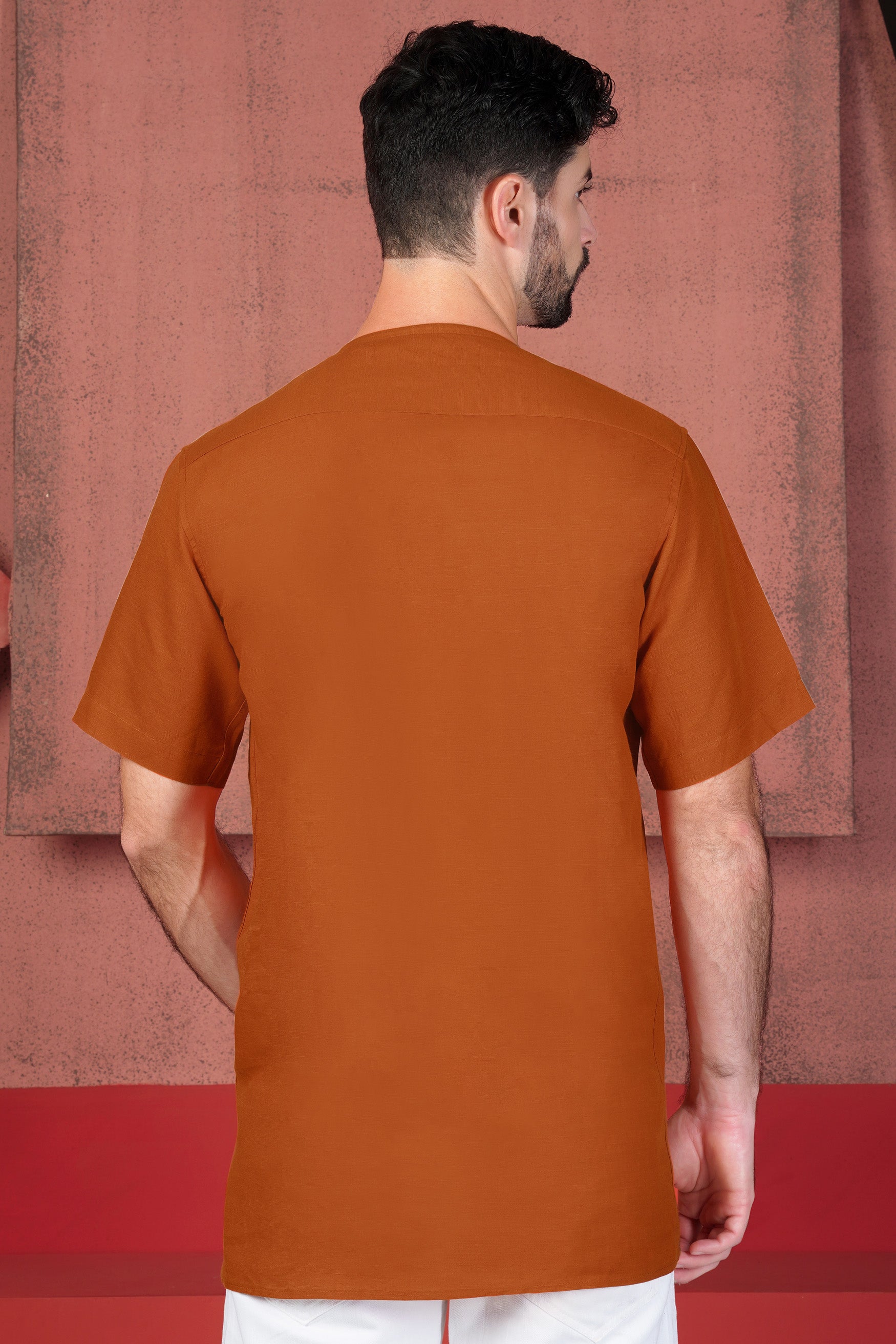 Cognac Orange Tiger Embroidered Luxurious Linen Round Neck Designer Shirt with Functional Zipper