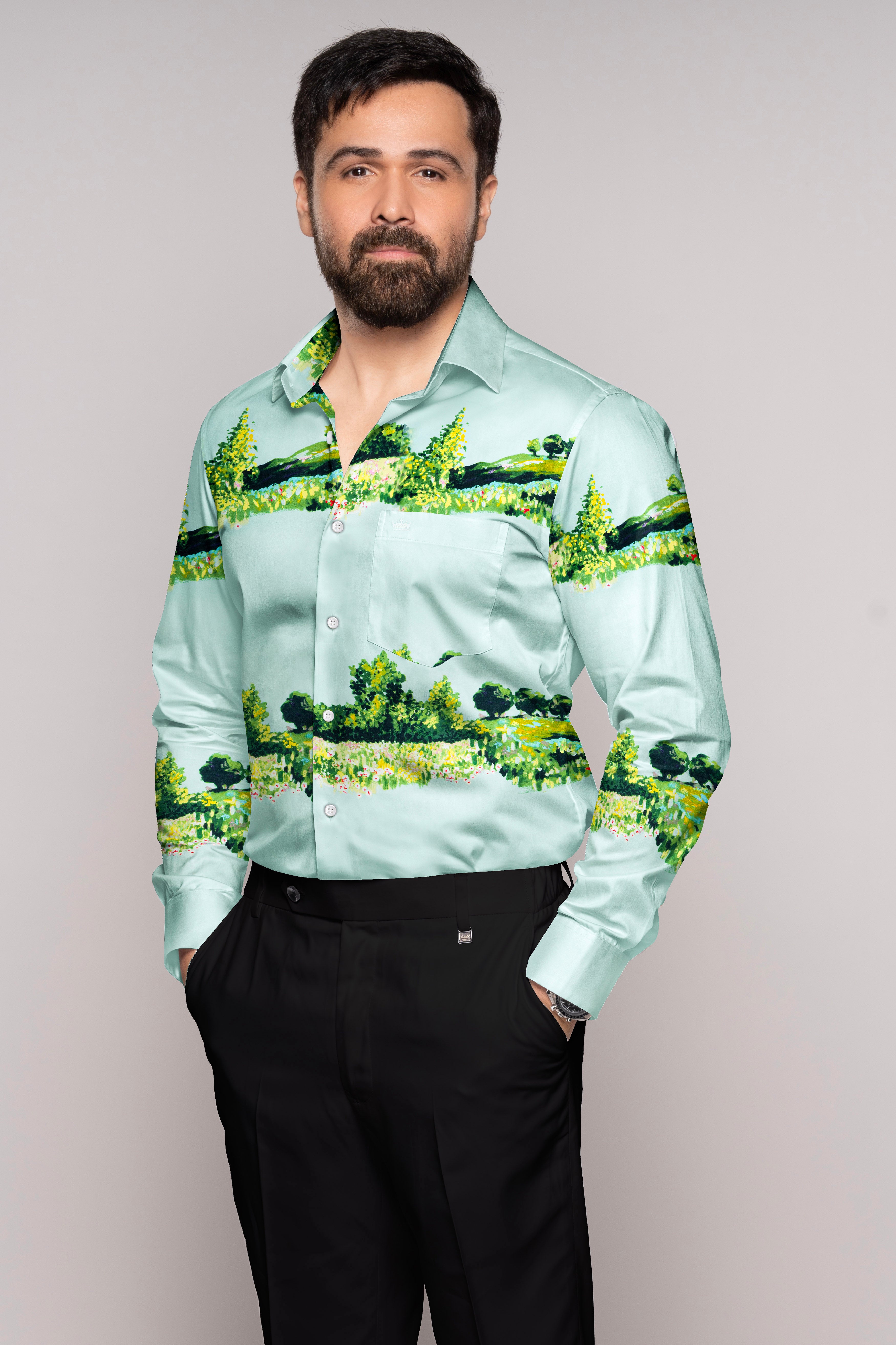 Pale Turquoise Blue Tropical Printed Premium Cotton Shirt