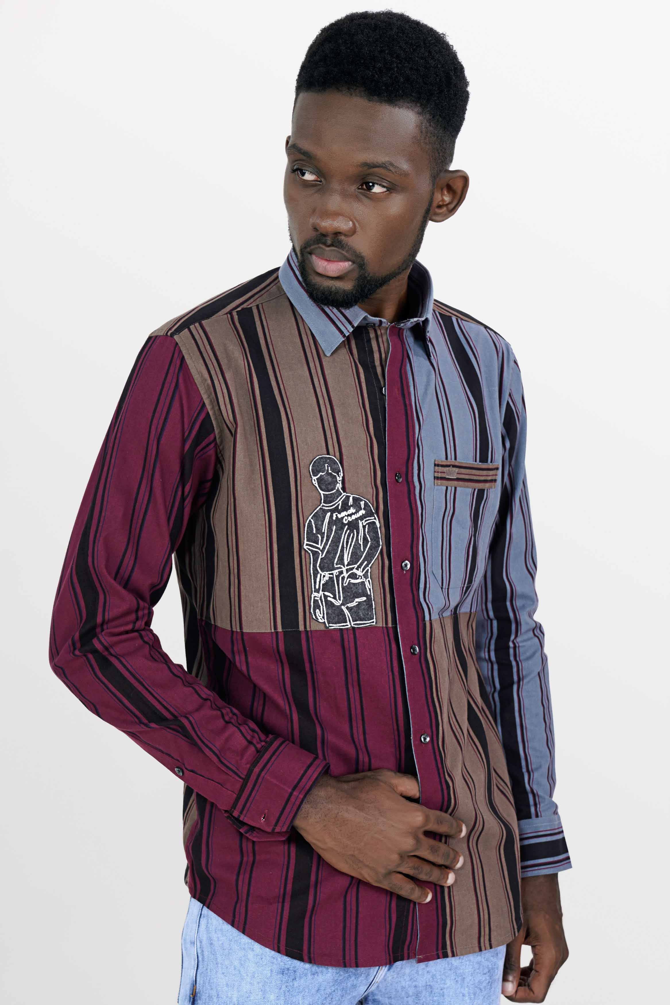 Aubergine Maroon and Fuscous Brown Striped with Funky Patchwork Royal Oxford Designer Shirt