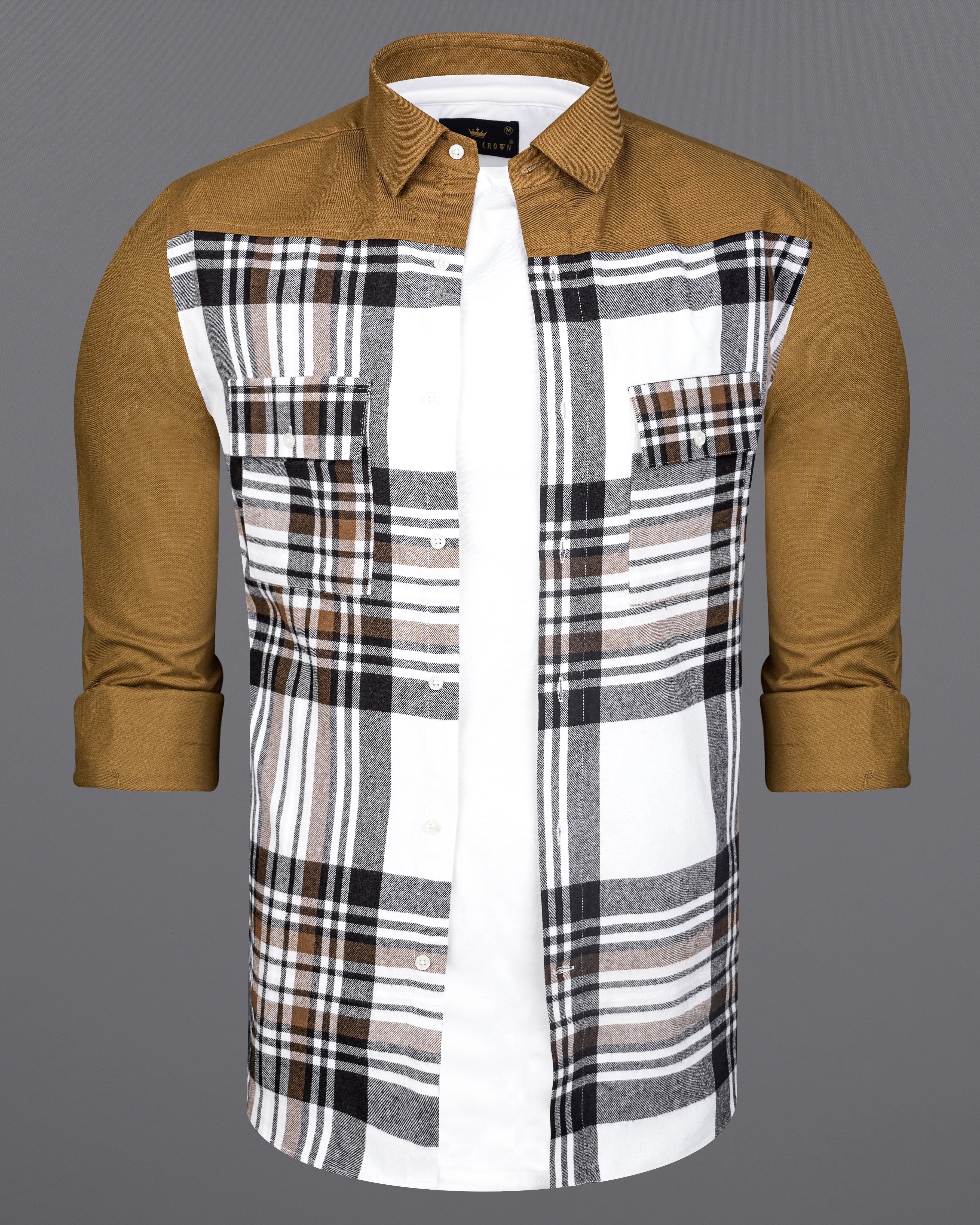Bright White with potters Clay Brown Plaid Flannel Designer Overshirt/Shacket