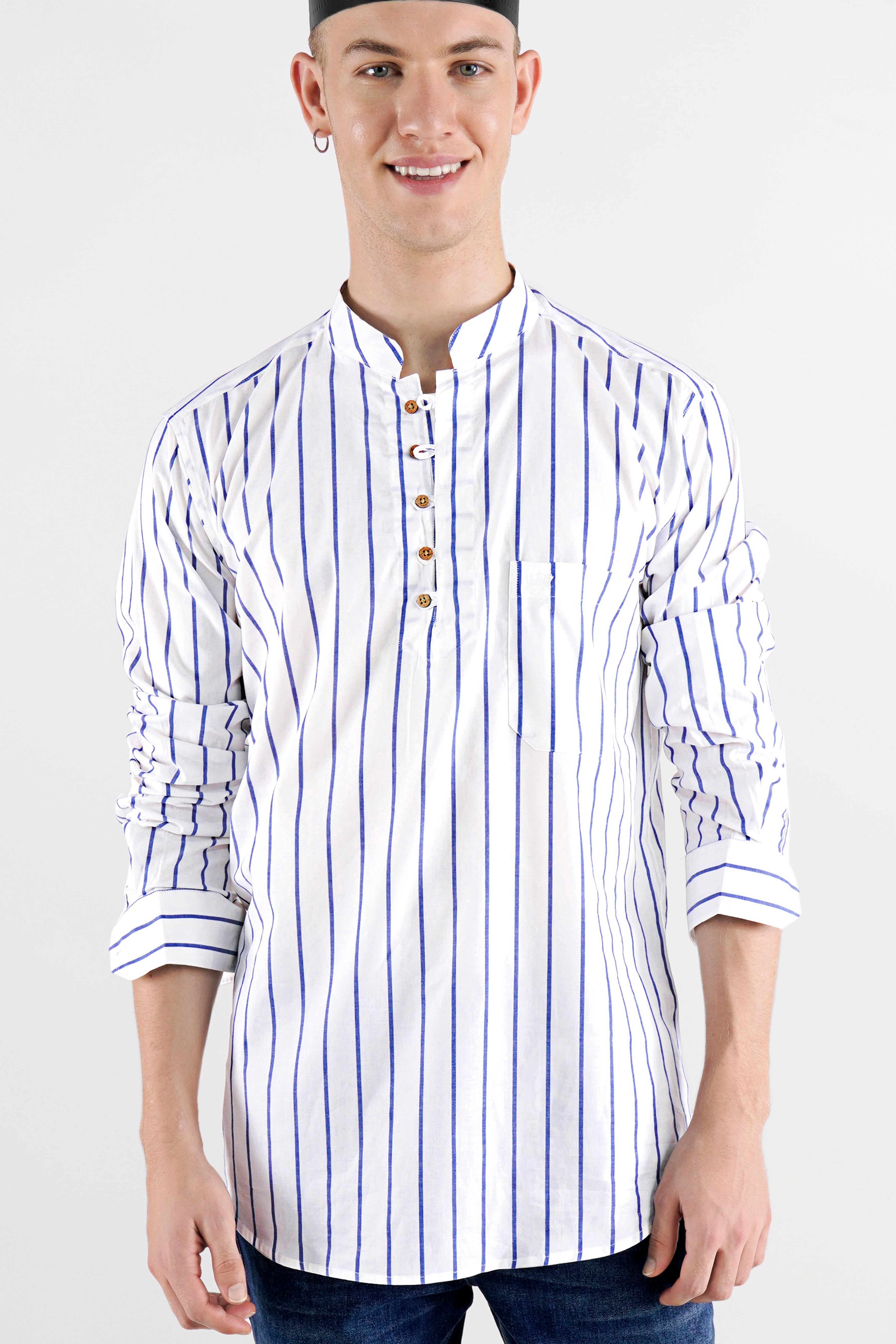 Bright White and Waikawa Blue Striped with Snake Printed Premium Cotton Designer Kurta Shirt