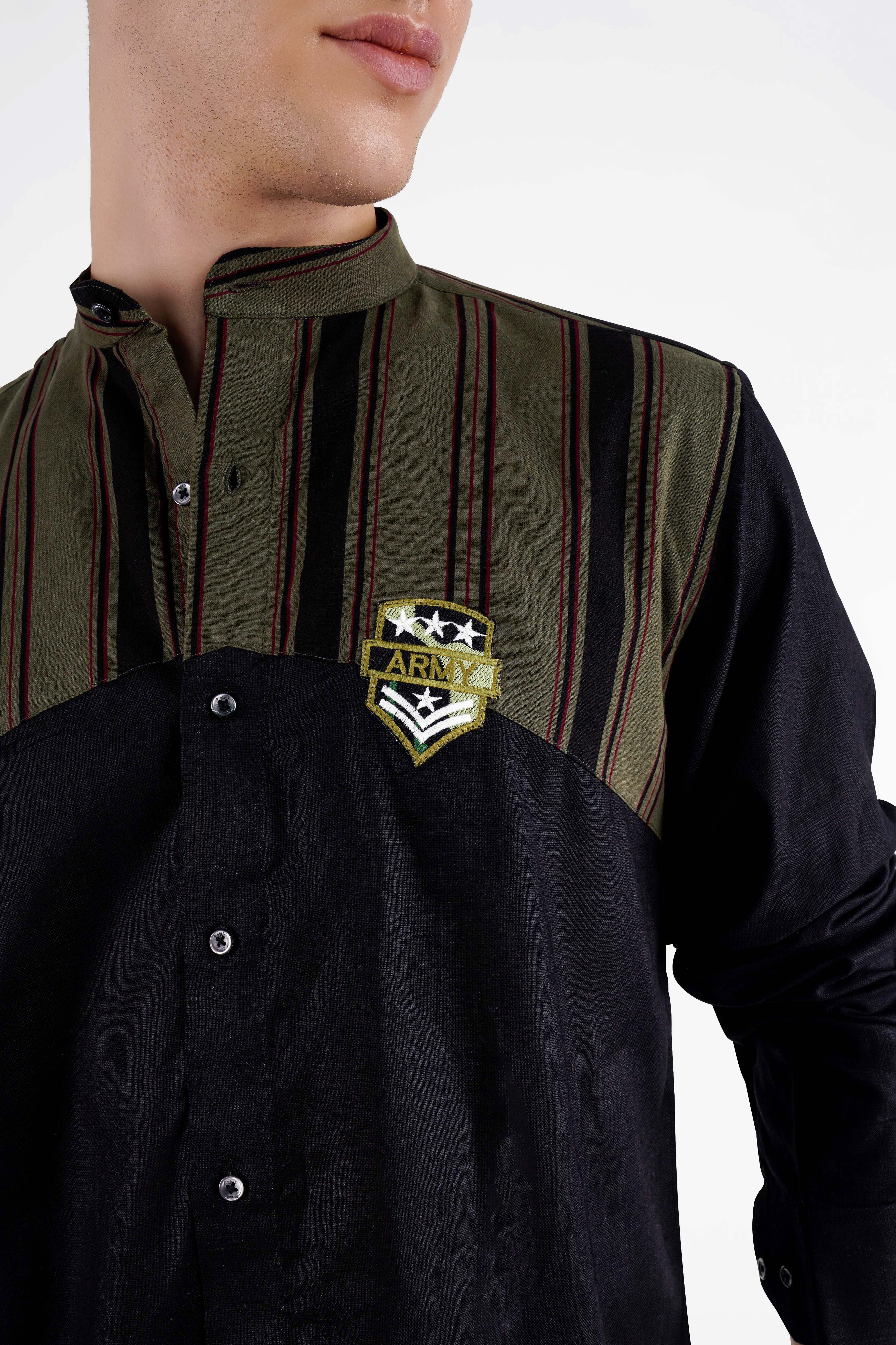Jade Black and Taupe Green Striped with Embroidered logo Dobby Premium Giza Cotton Designer Shirt