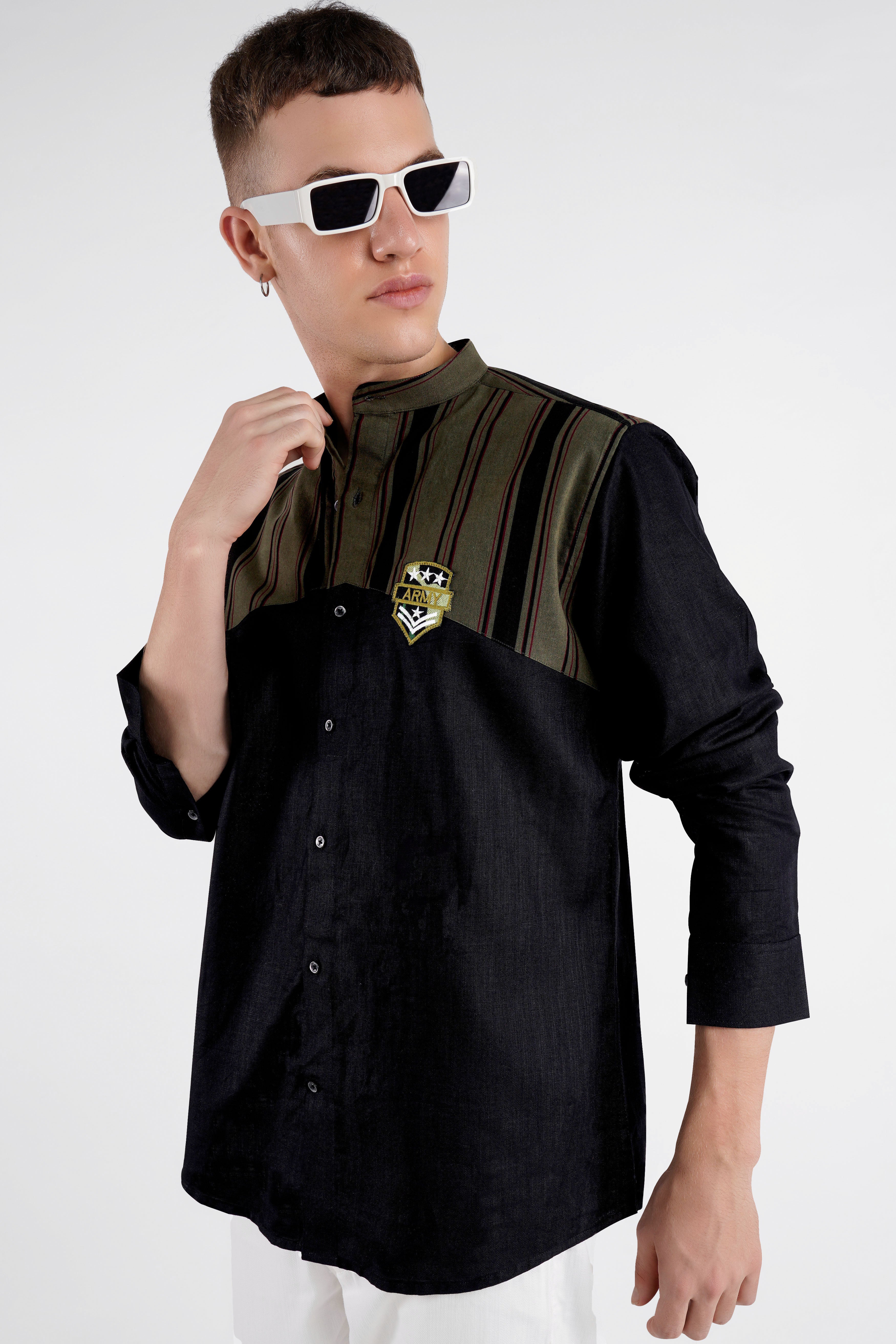 Jade Black and Taupe Green Striped with Embroidered logo Dobby Premium Giza Cotton Designer Shirt