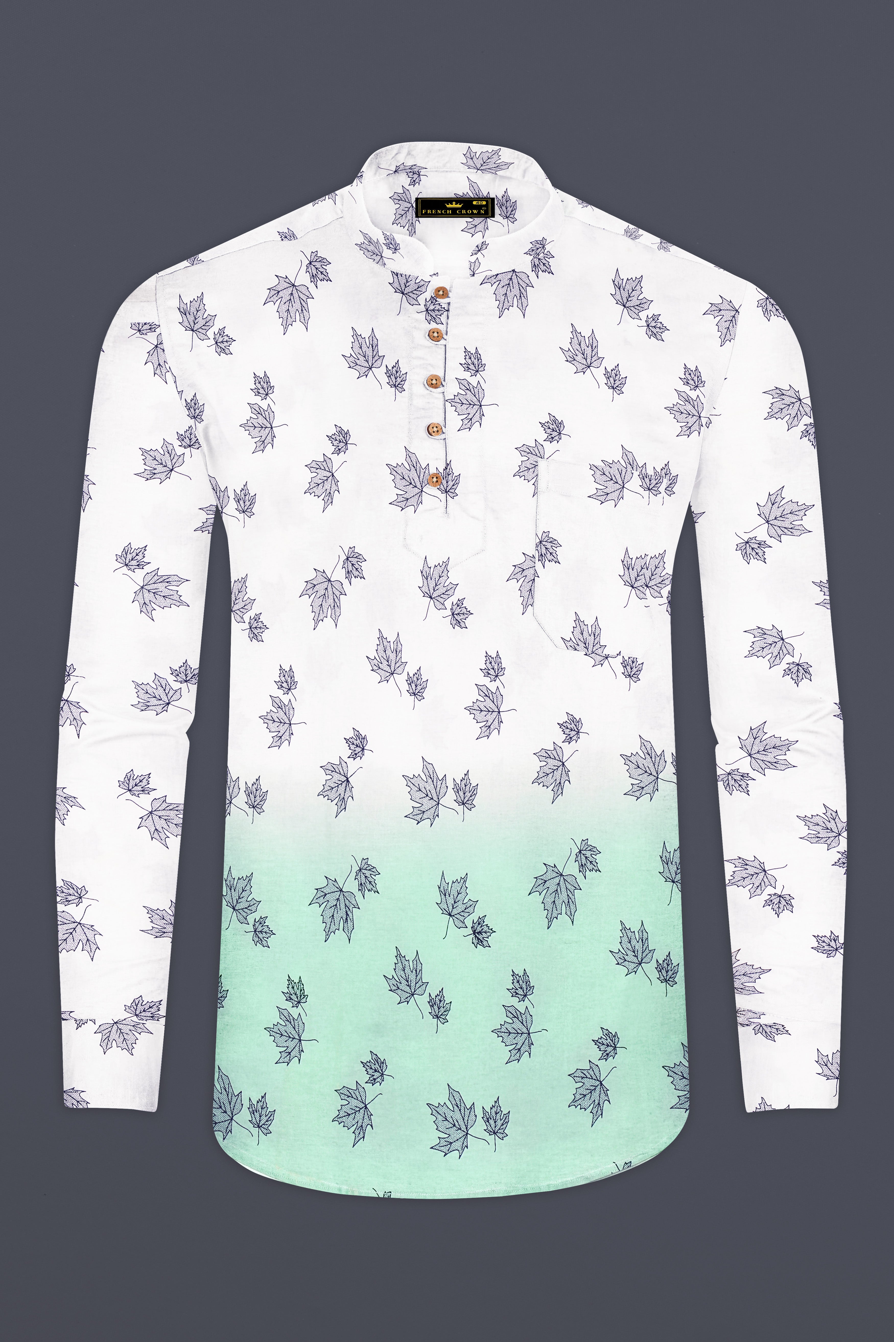 Bright White with Cruise Aqua Green Leaves Printed Premium Cotton Kurta Shirt