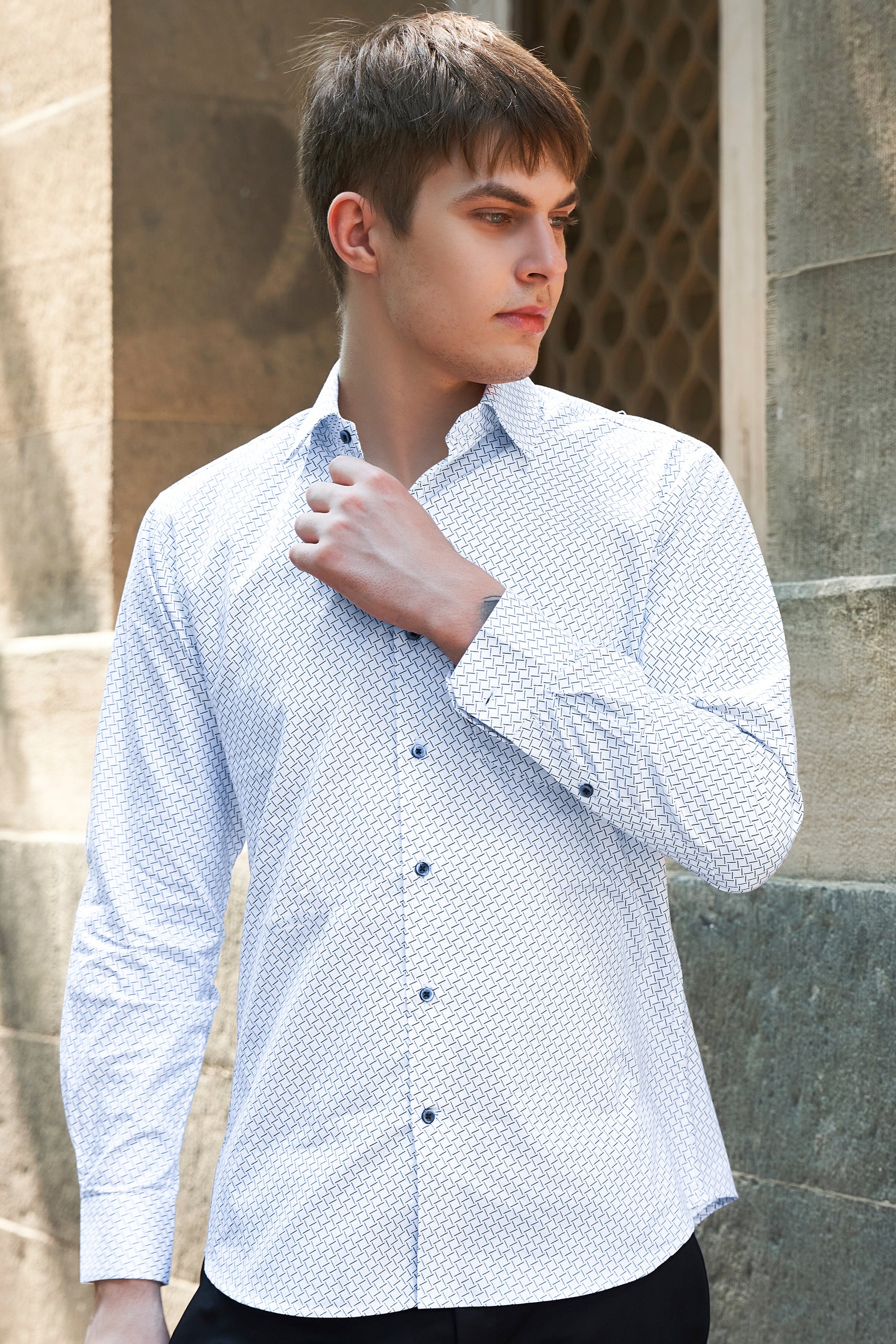Bright White with Meteorite Navy Blue Printed Twill Premium Cotton Shirt