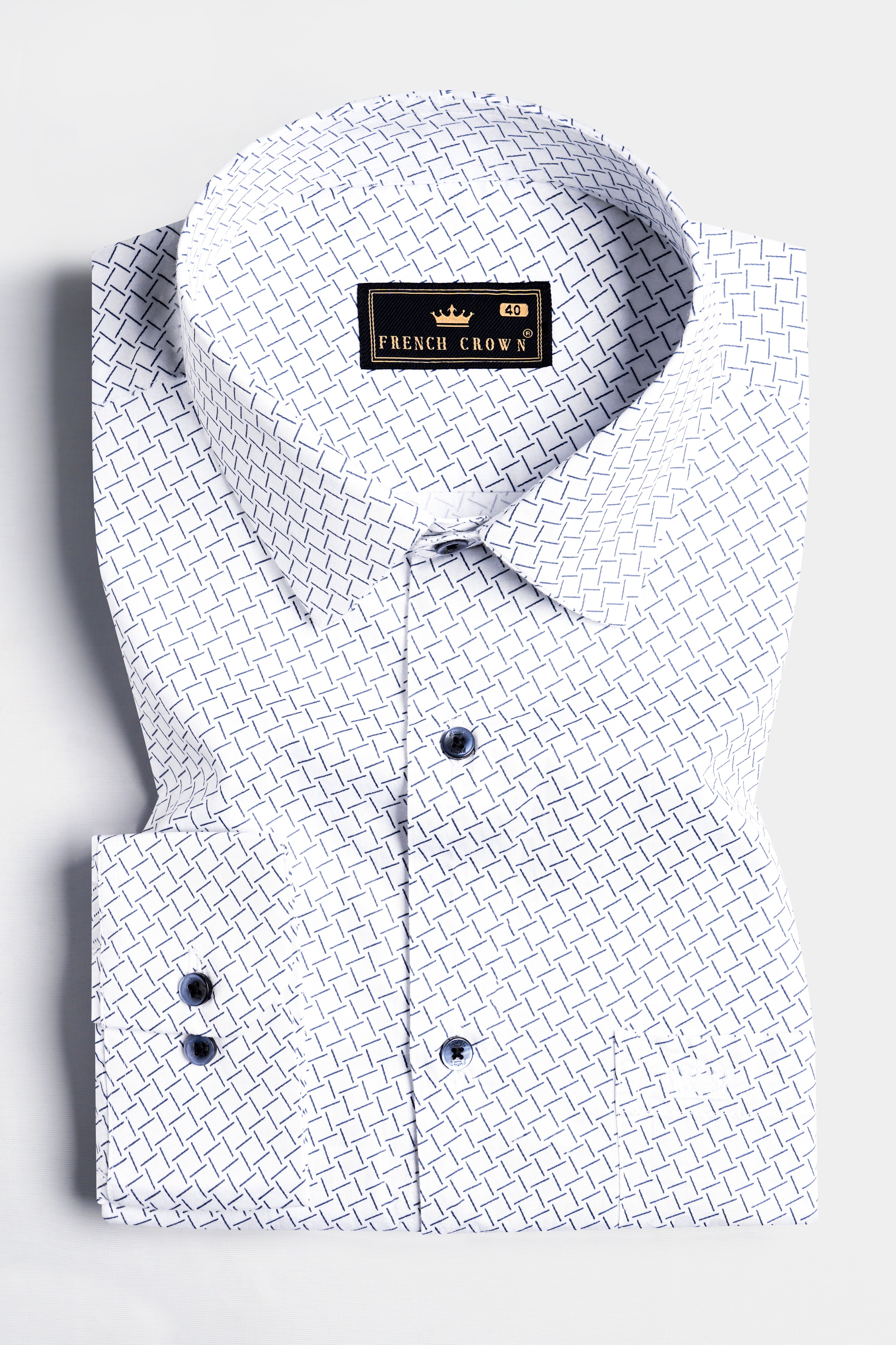 Bright White with Meteorite Navy Blue Printed Twill Premium Cotton Shirt