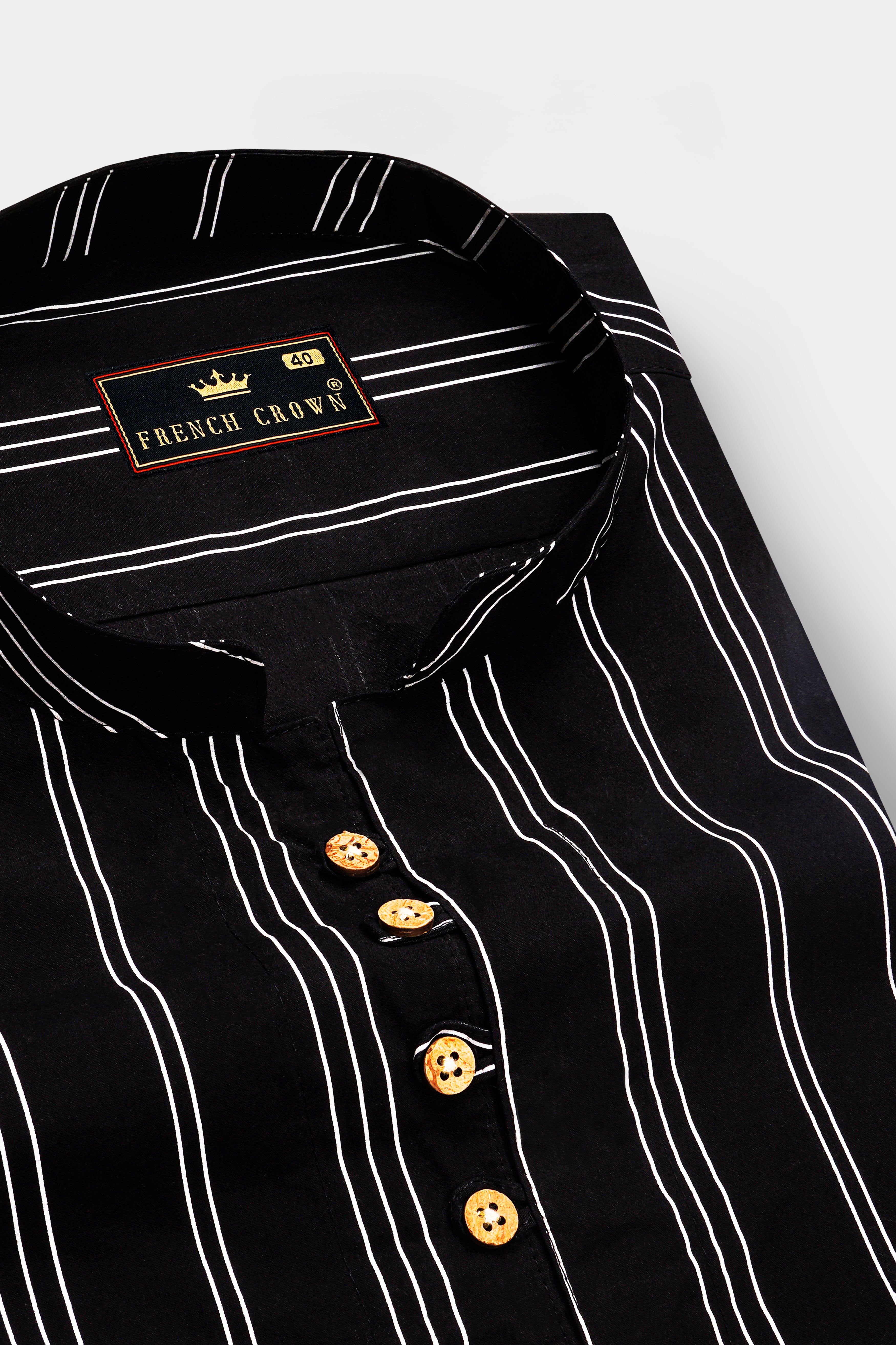 Jade Black with Bright White Striped Twill Premium Cotton Kurta Shirt
