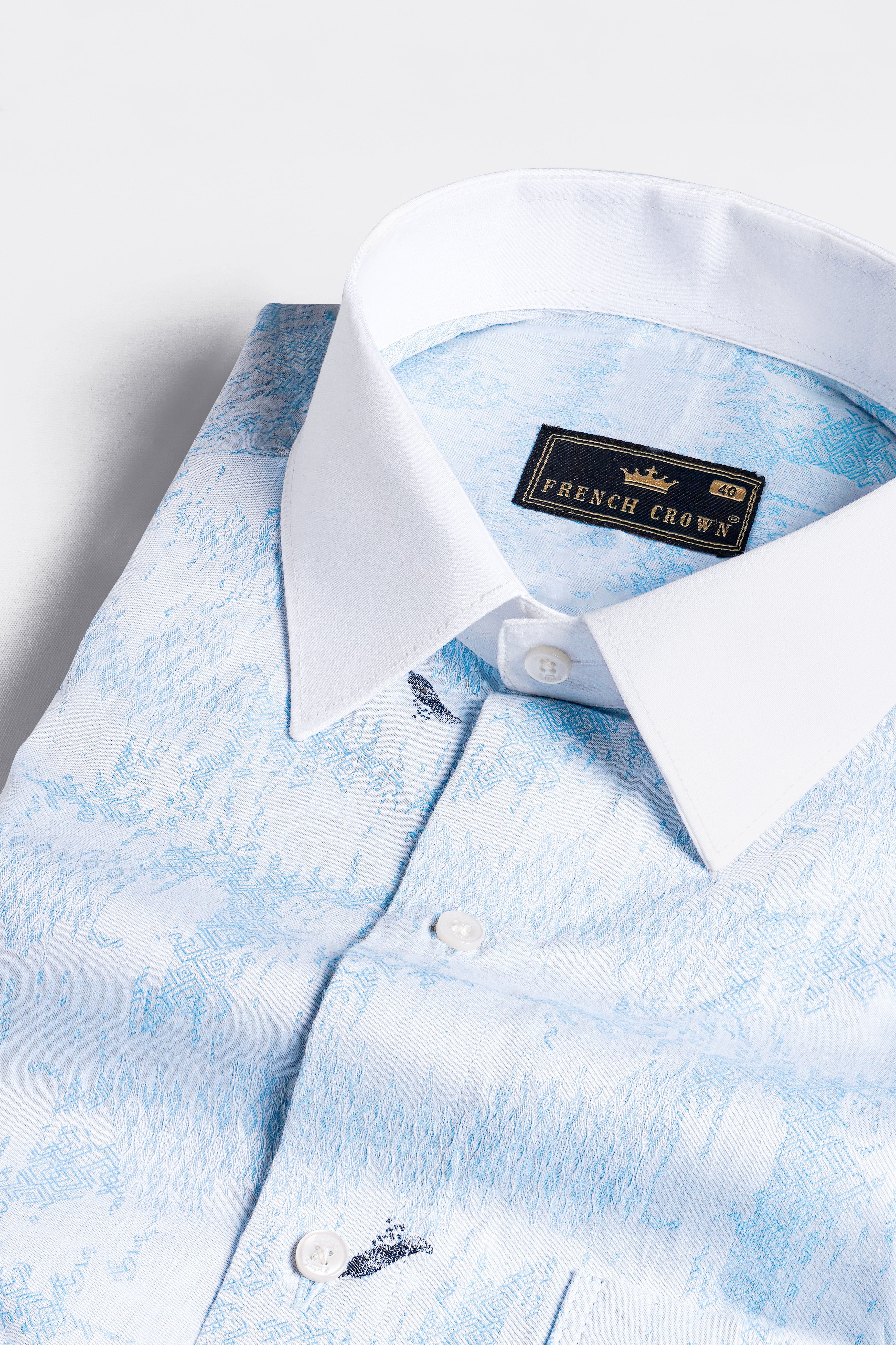 Bright White with Glacier Blue Jacquard Textured Premium Giza Cotton Designer Shirt