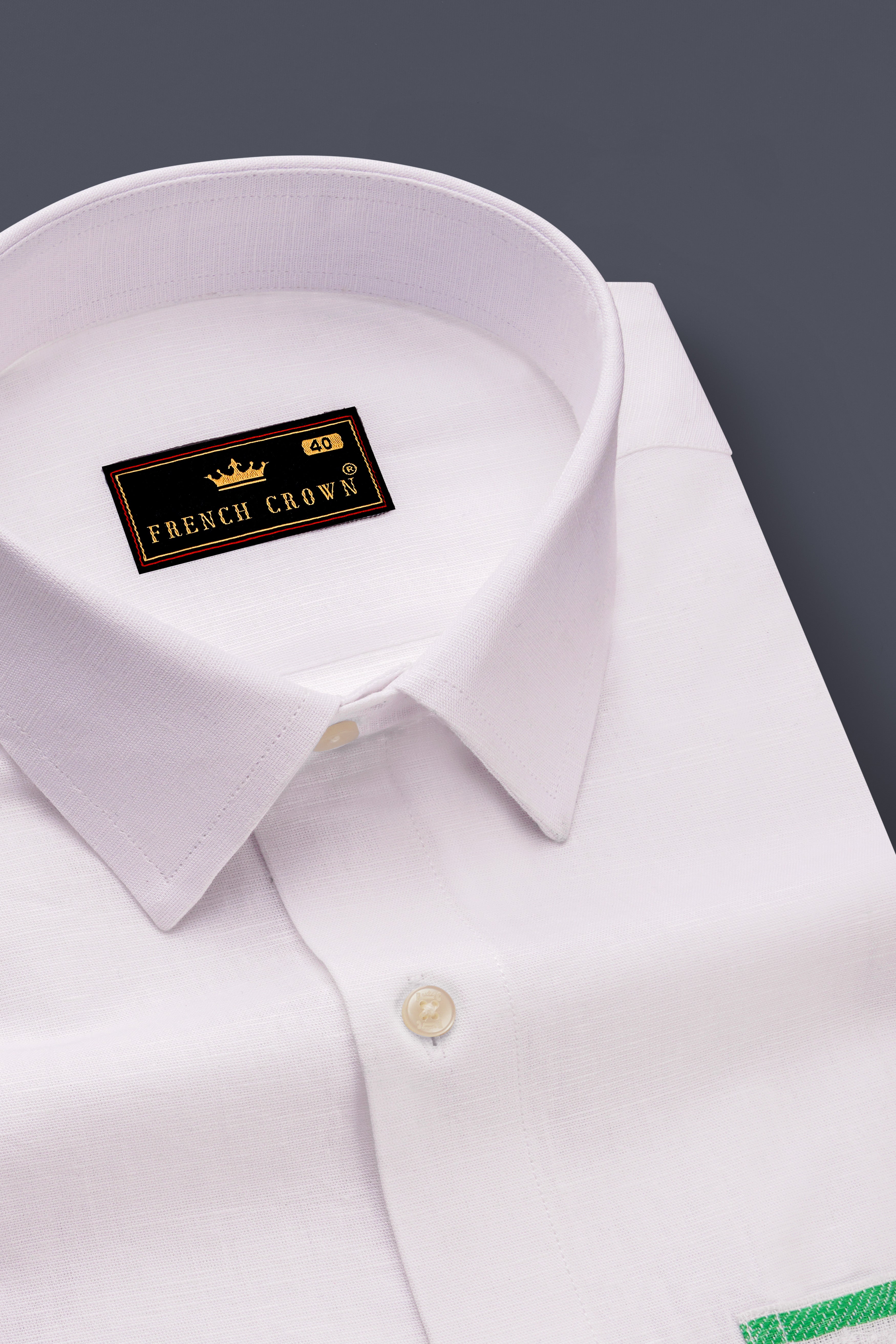 Bright White with Green Patch Pocket Luxurious Linen Designer Shirt