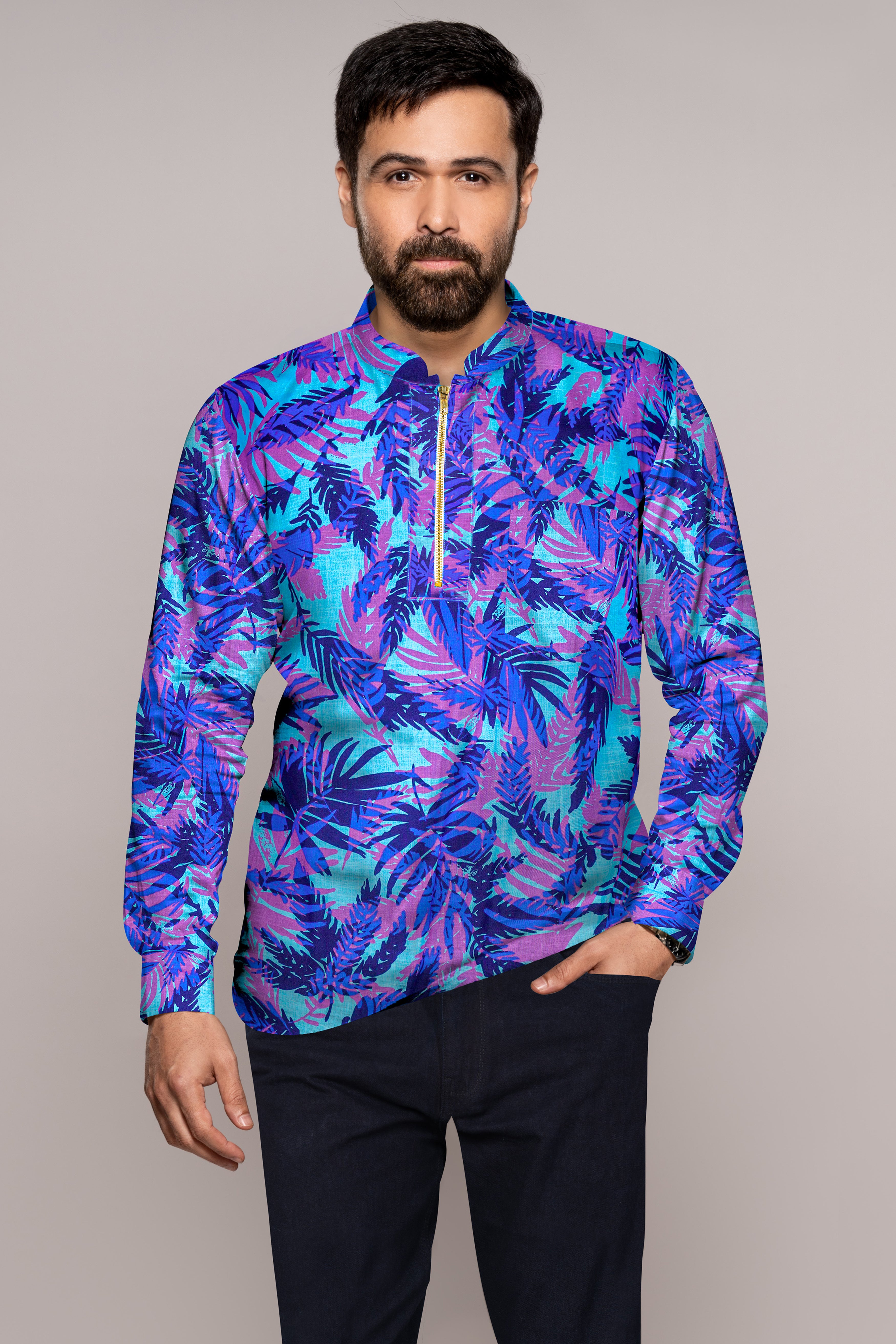 Mariner Blue with Malbu Sky Blue Leaves Printed Chambray Shirt with Zipper Closure
