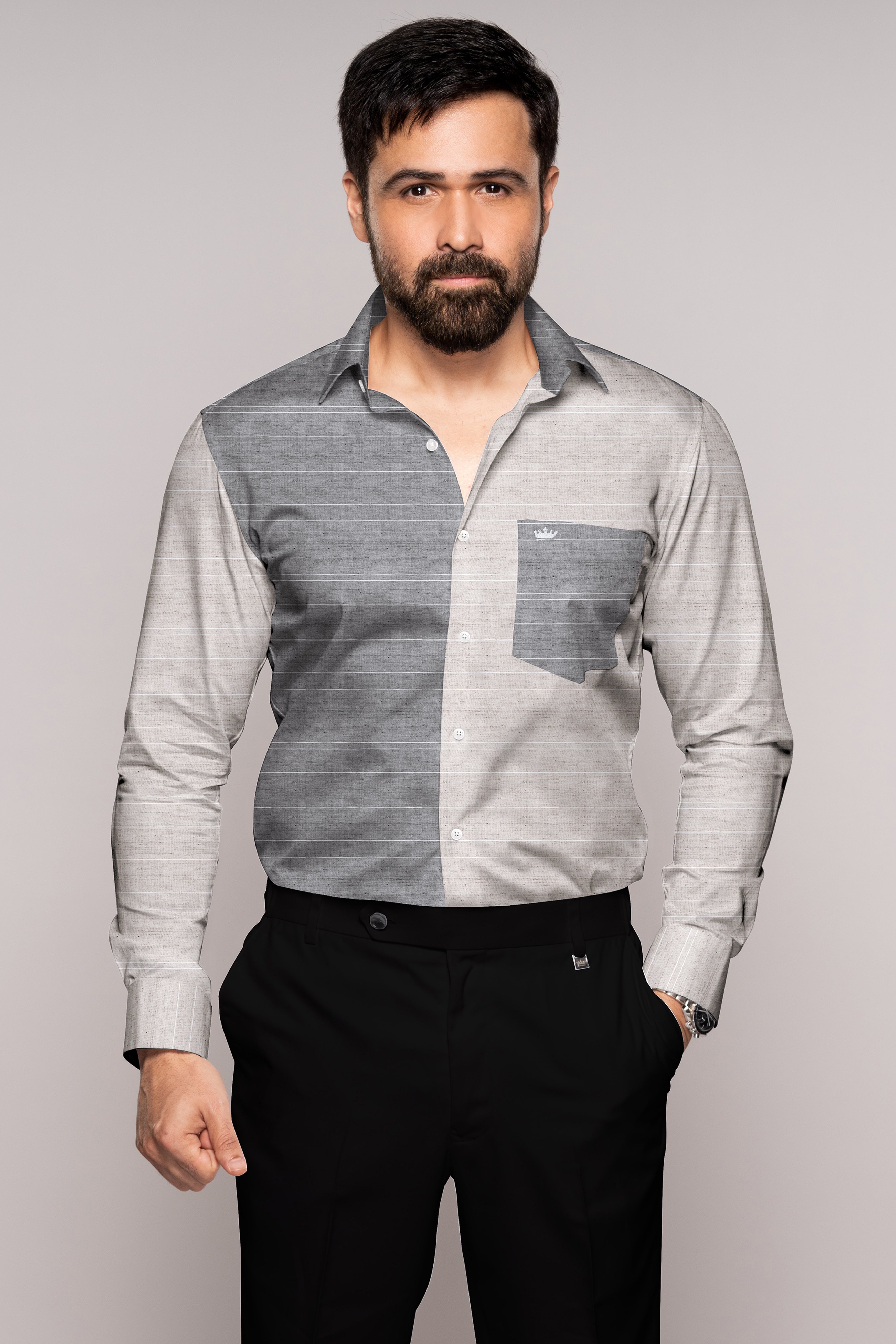 Grey Linen Shirt with Black Suiting Nehru Jacket Set – archerslounge