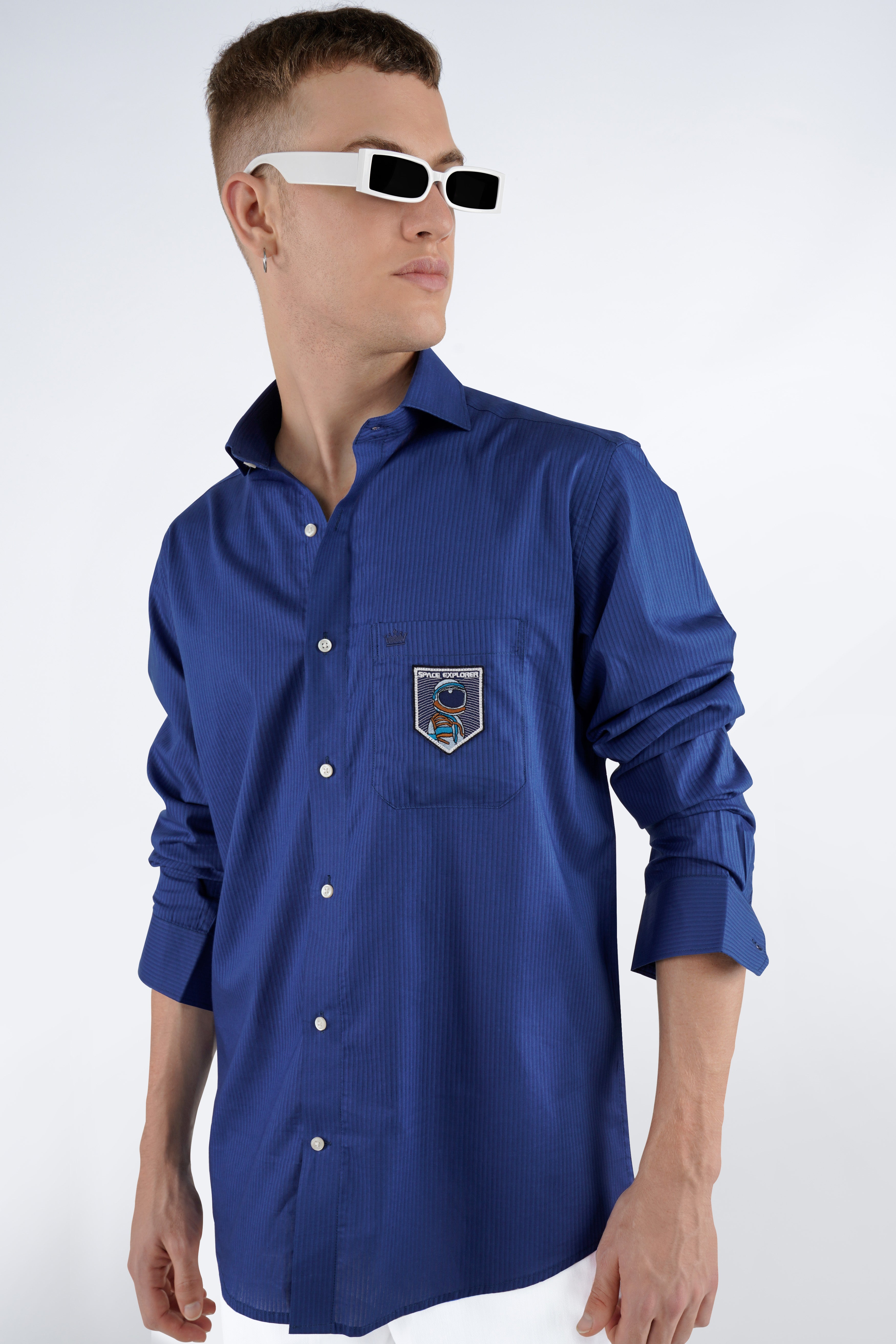 Rhino Blue Pinstriped with Patchwork Dobby Premium Giza Cotton Designer Shirt