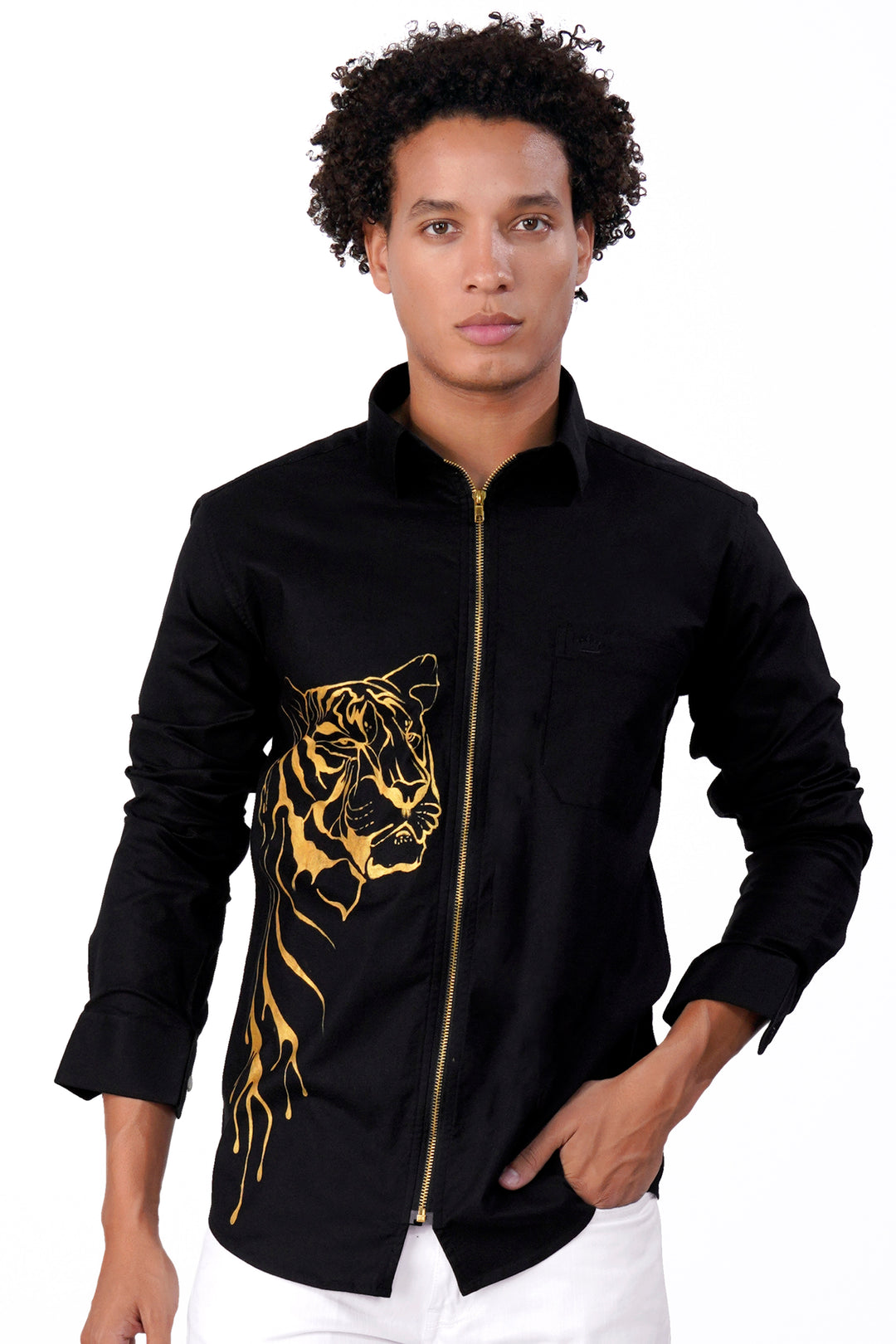JADE BLACK WITH GOLDEN TIGER HAND PAINTED ROYAL OXFORD DESIGNER OVERSHIRT WITH ZIPPER CLOSURE