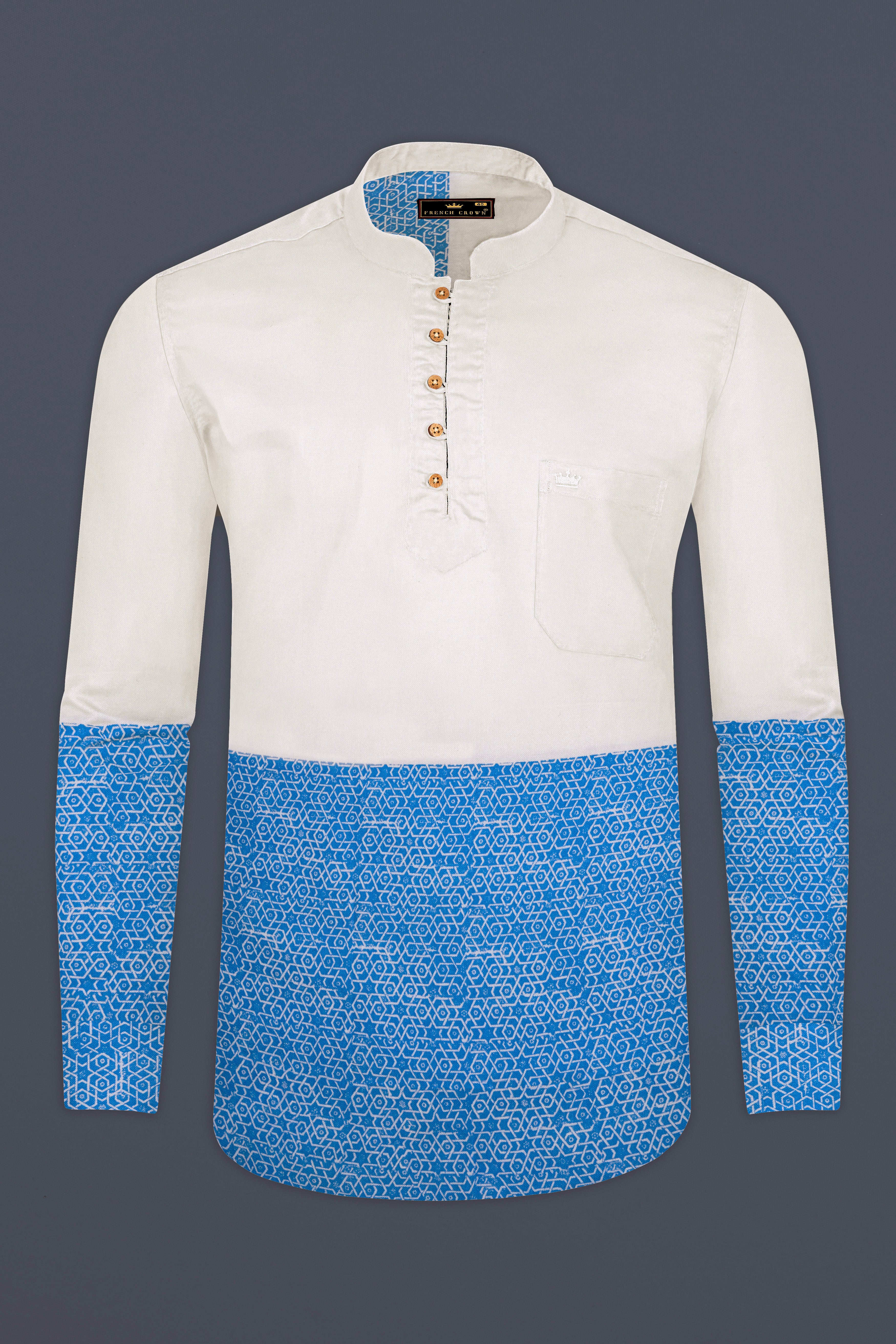 Half White and Half Anakiwa Sky Blue Printed Royal Oxford Designer Kurta Shirt