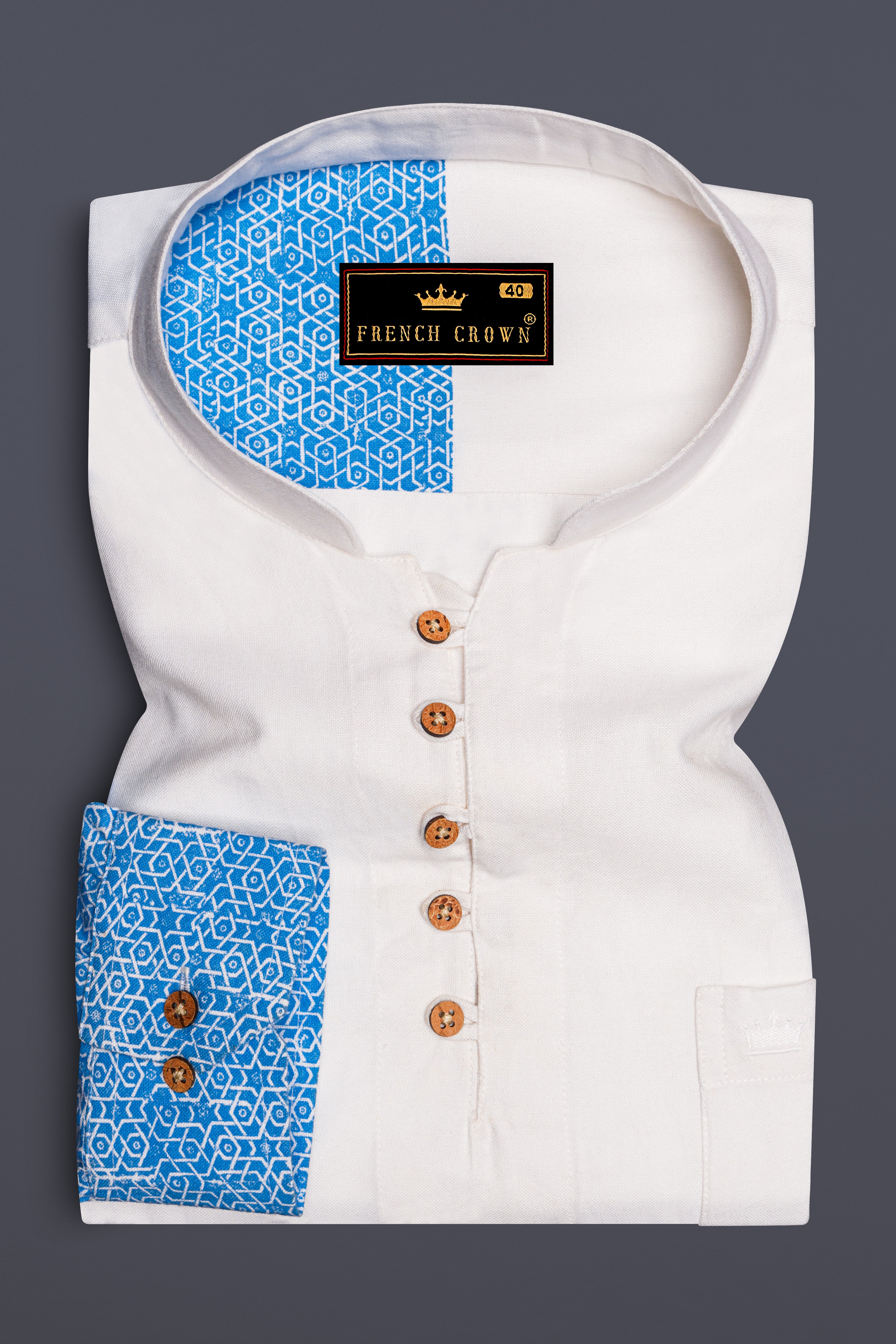 Half White and Half Anakiwa Sky Blue Printed Royal Oxford Designer Kurta Shirt